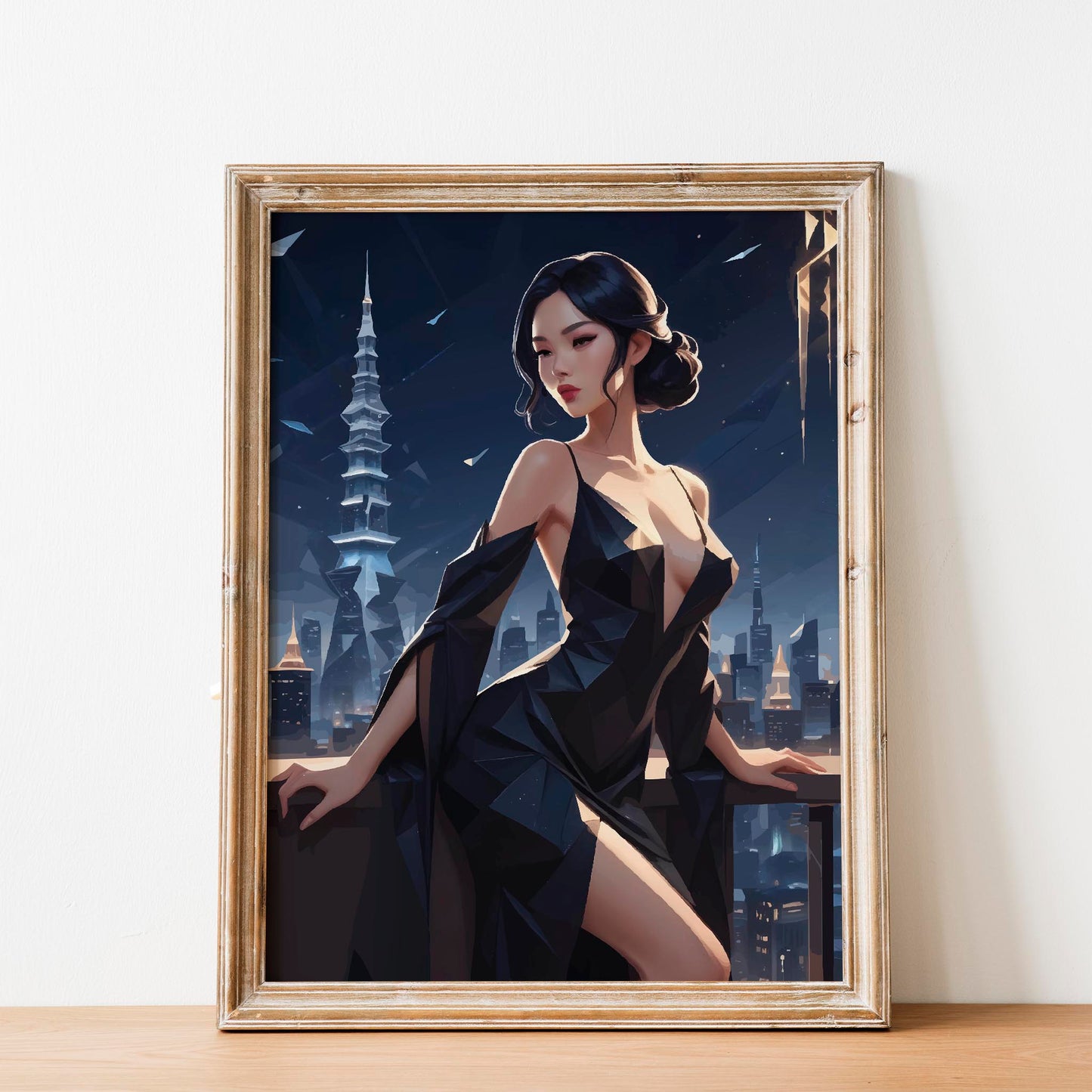 Elegant digital wall art of a woman in a sleek black dress posing on a balcony overlooking a futuristic city skyline at night