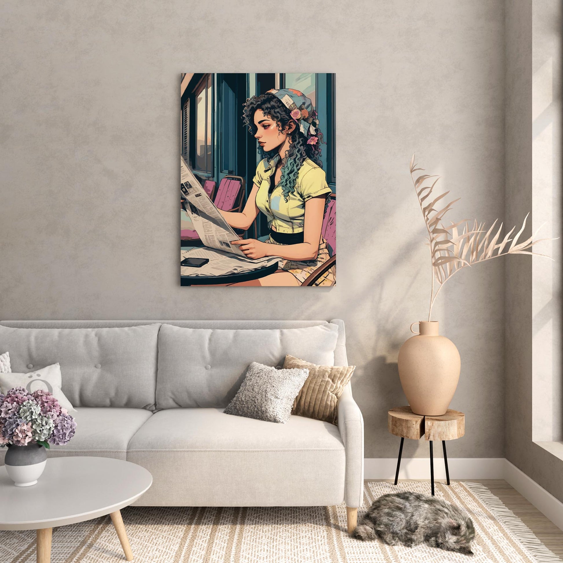 Printable wall art of a stylish young woman with curly hair and a floral headscarf, sitting at an outdoor café table reading a newspaper, in a vintage-inspired, artistic style, perfect for chic and modern home decor
