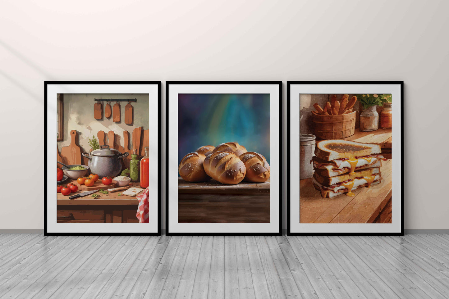 Set of 3 printable kitchen wall art prints featuring a rustic cooking scene with fresh vegetables, golden chocolate-stuffed buns on a wooden table, and a stack of gooey grilled cheese sandwiches, perfect for adding warmth and flavour to your kitchen or dining space