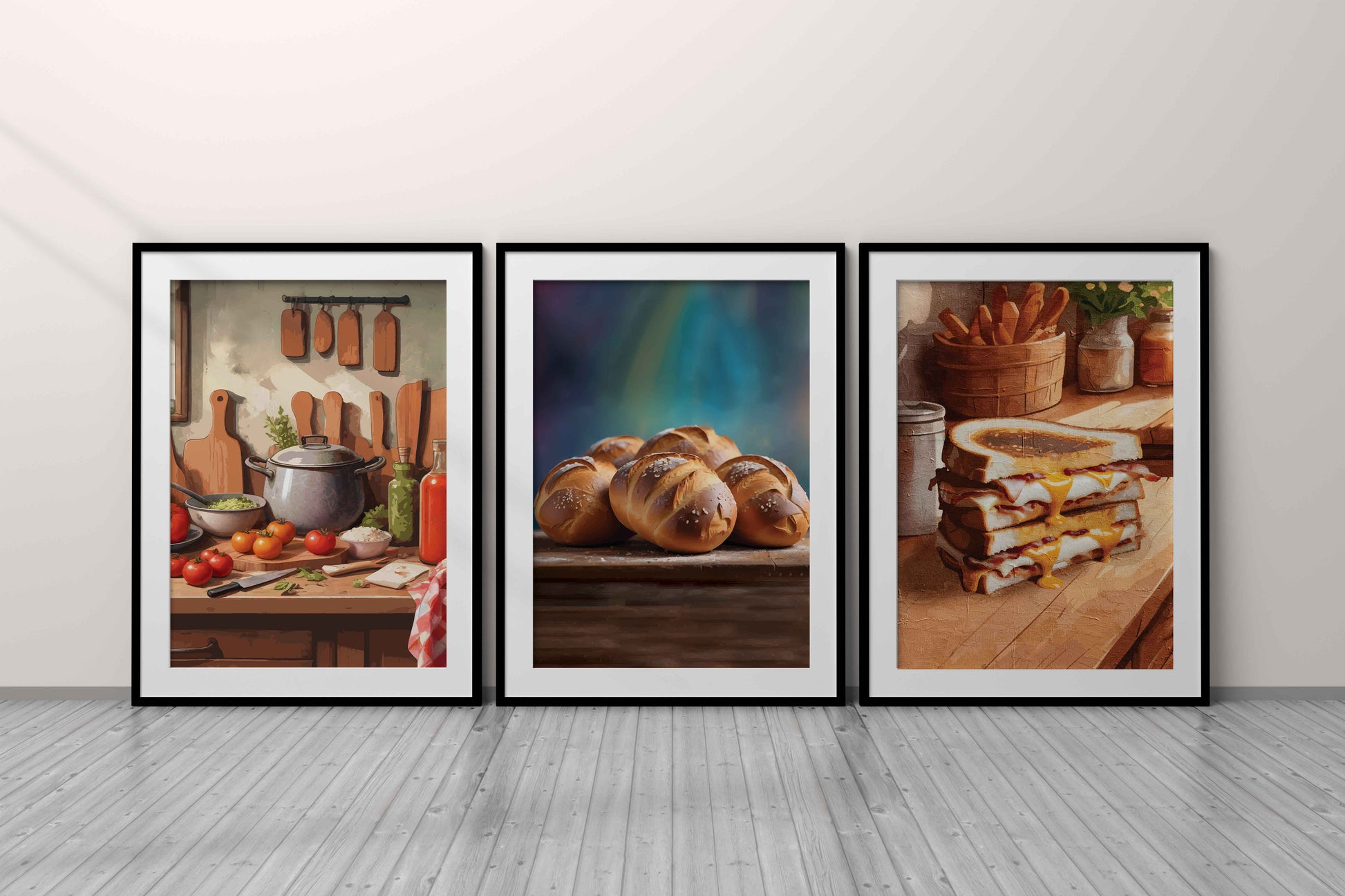 Set of 3 printable kitchen wall art prints featuring a rustic cooking scene with fresh vegetables, golden chocolate-stuffed buns on a wooden table, and a stack of gooey grilled cheese sandwiches, perfect for adding warmth and flavour to your kitchen or dining space