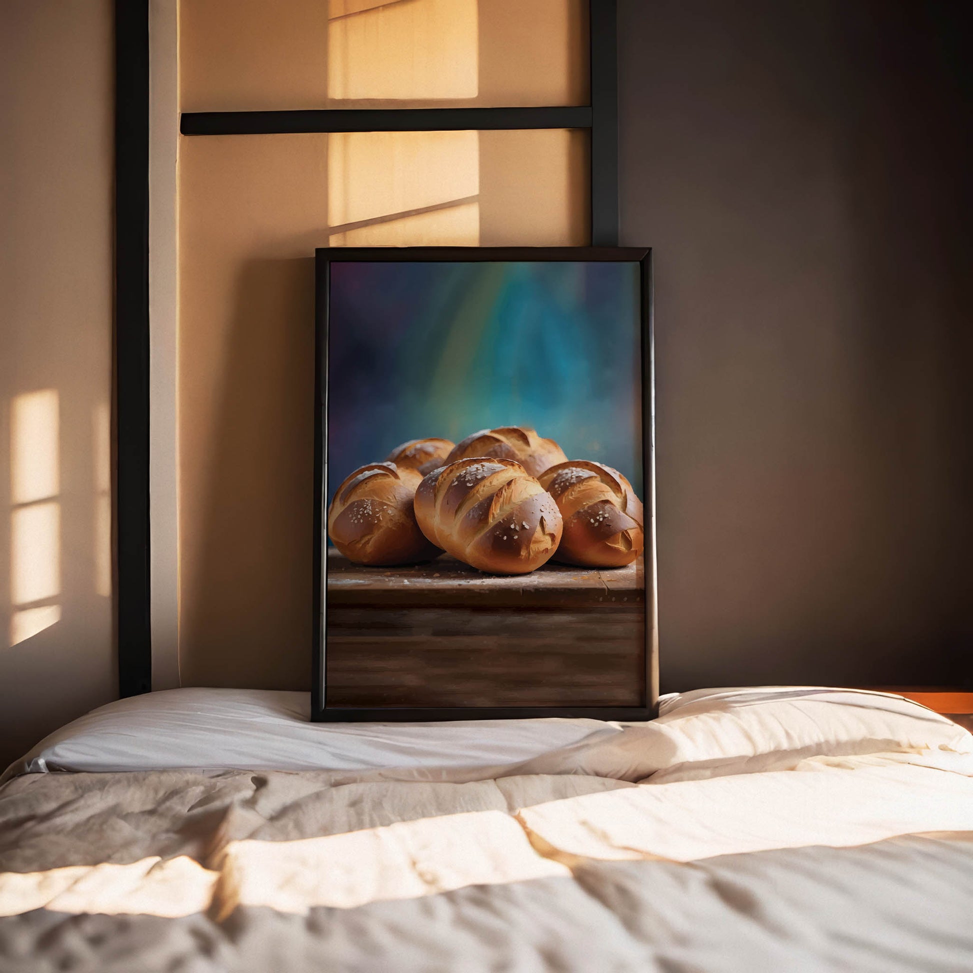Printable wall art of freshly baked golden brown bread rolls with coarse salt on top, arranged on a rustic wooden surface with a soft, moody background, perfect for cozy kitchen or bakery-themed decor