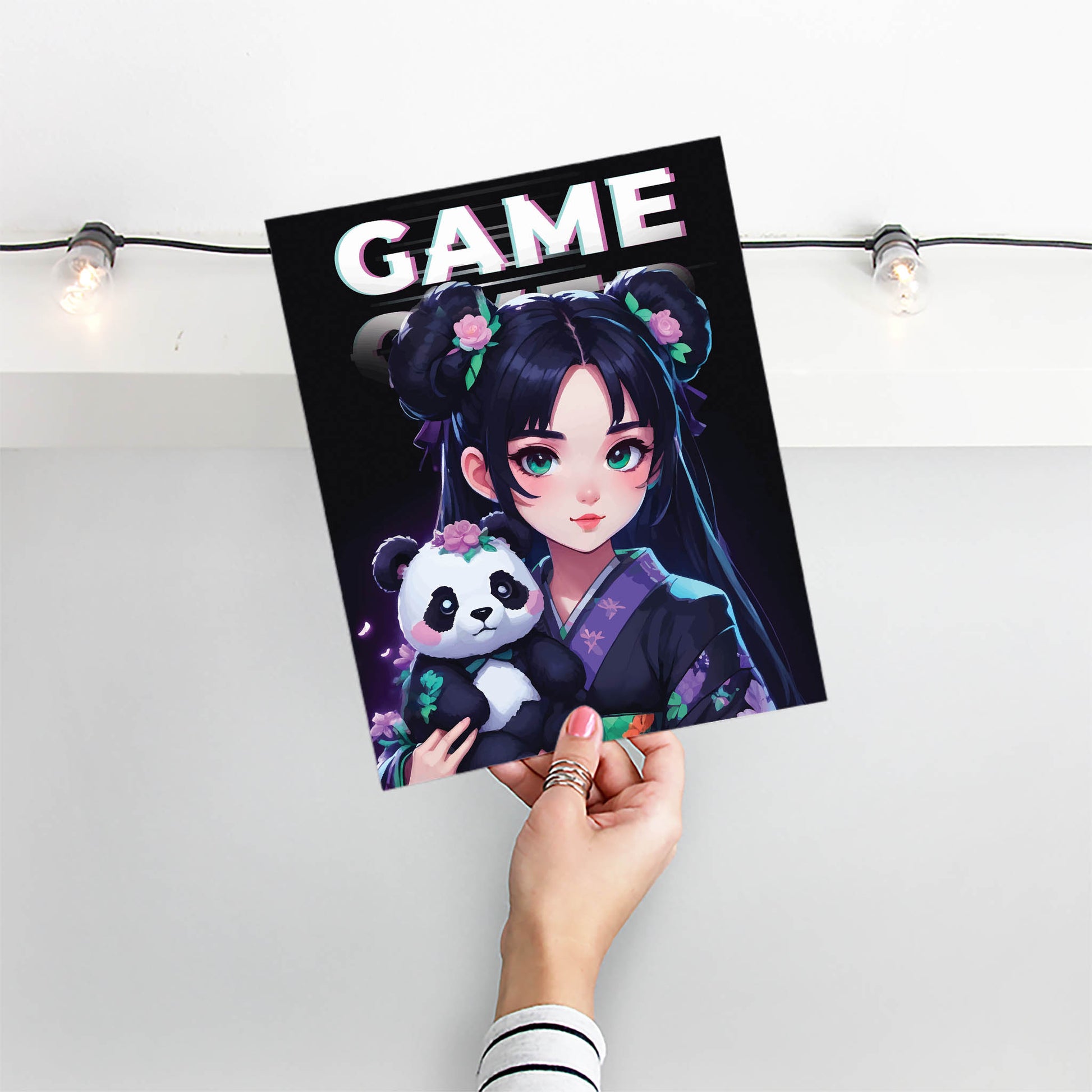 Anime-style gamer girl in a floral kimono holding a cute panda plush, with the word 'GAME' in glitch text above, vibrant, kawaii-inspired printable wall art for gamers and anime lovers