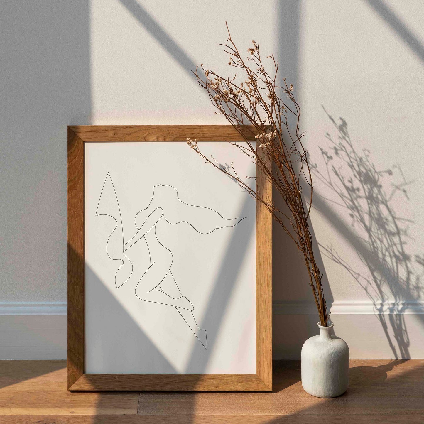 Minimalist line drawing of a woman in motion with flowing hair, holding an abstract shape, modern black line art on white background, perfect for contemporary wall decor