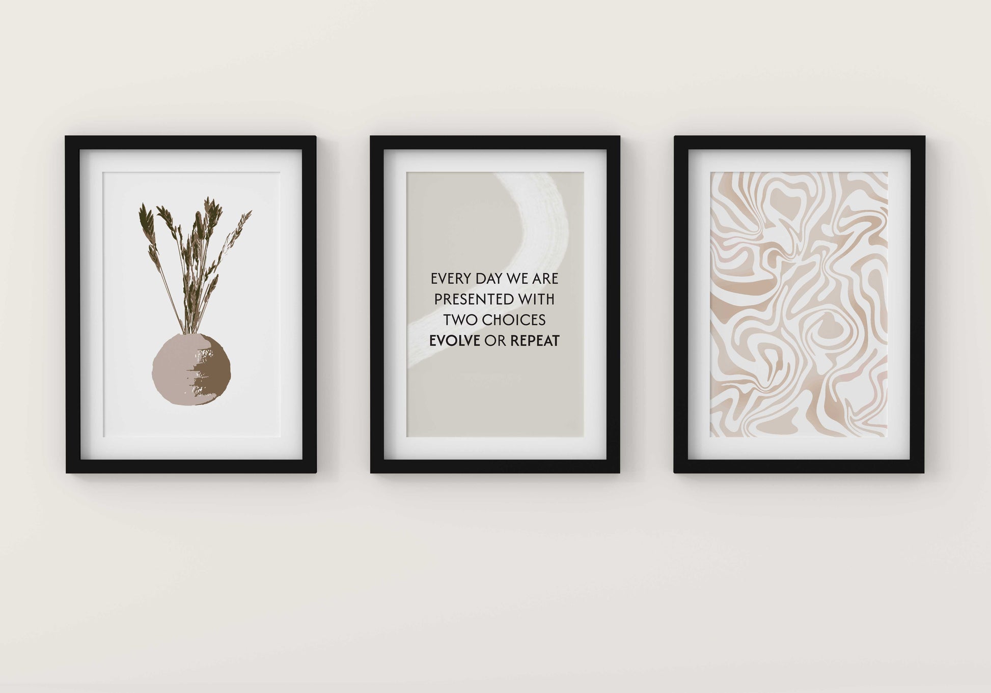 Minimalist printable wall art bundle featuring three coordinated prints: a dried grass arrangement in a round vase, a motivational quote reading 'Every day we are presented with two choices: evolve or repeat', and an abstract beige swirl pattern, perfect for modern, Scandinavian, or boho-inspired interiors