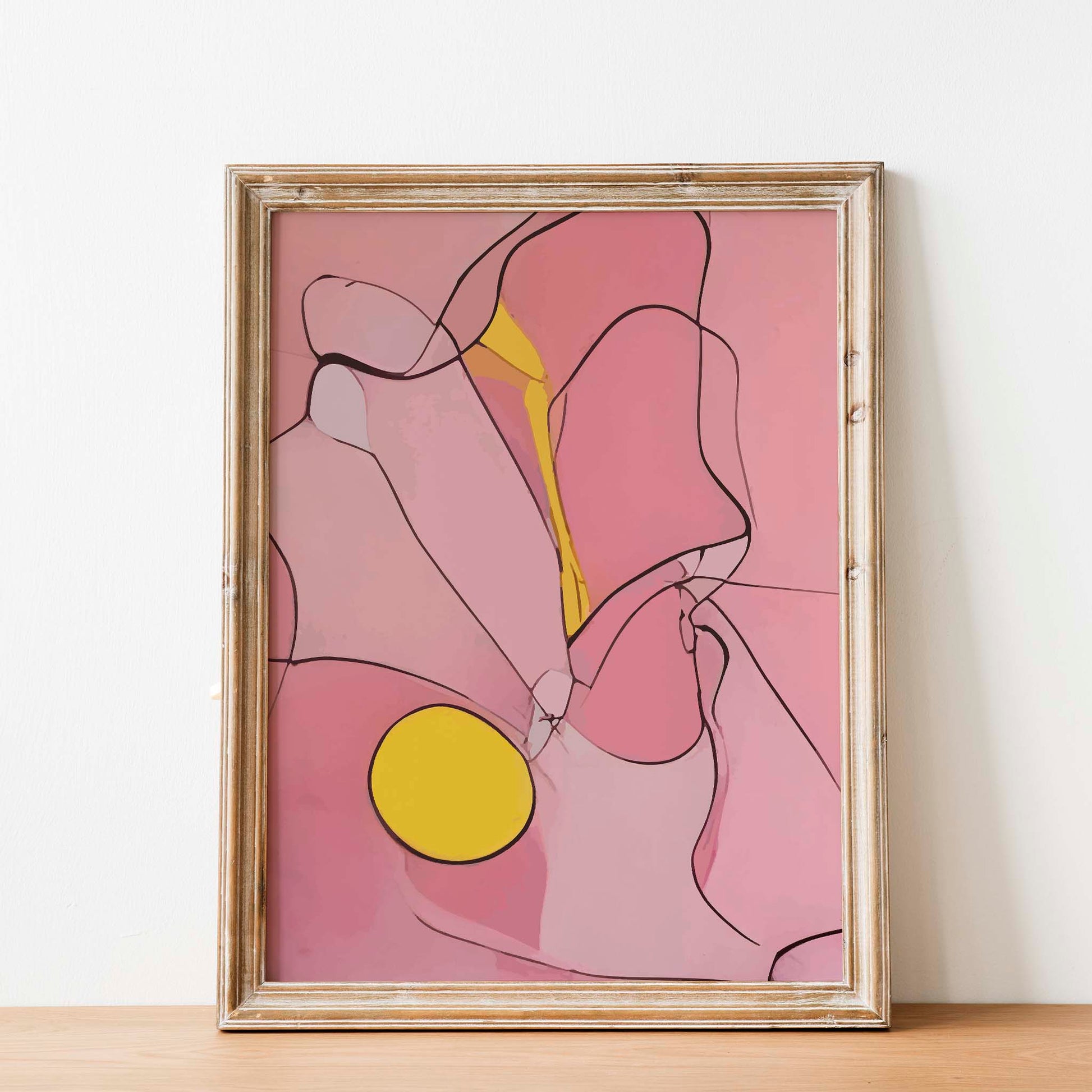 Abstract printable wall art featuring fluid pink shapes outlined with fine black lines, accented by a bold yellow circle and stroke, creating a modern and expressive composition perfect for contemporary interiors