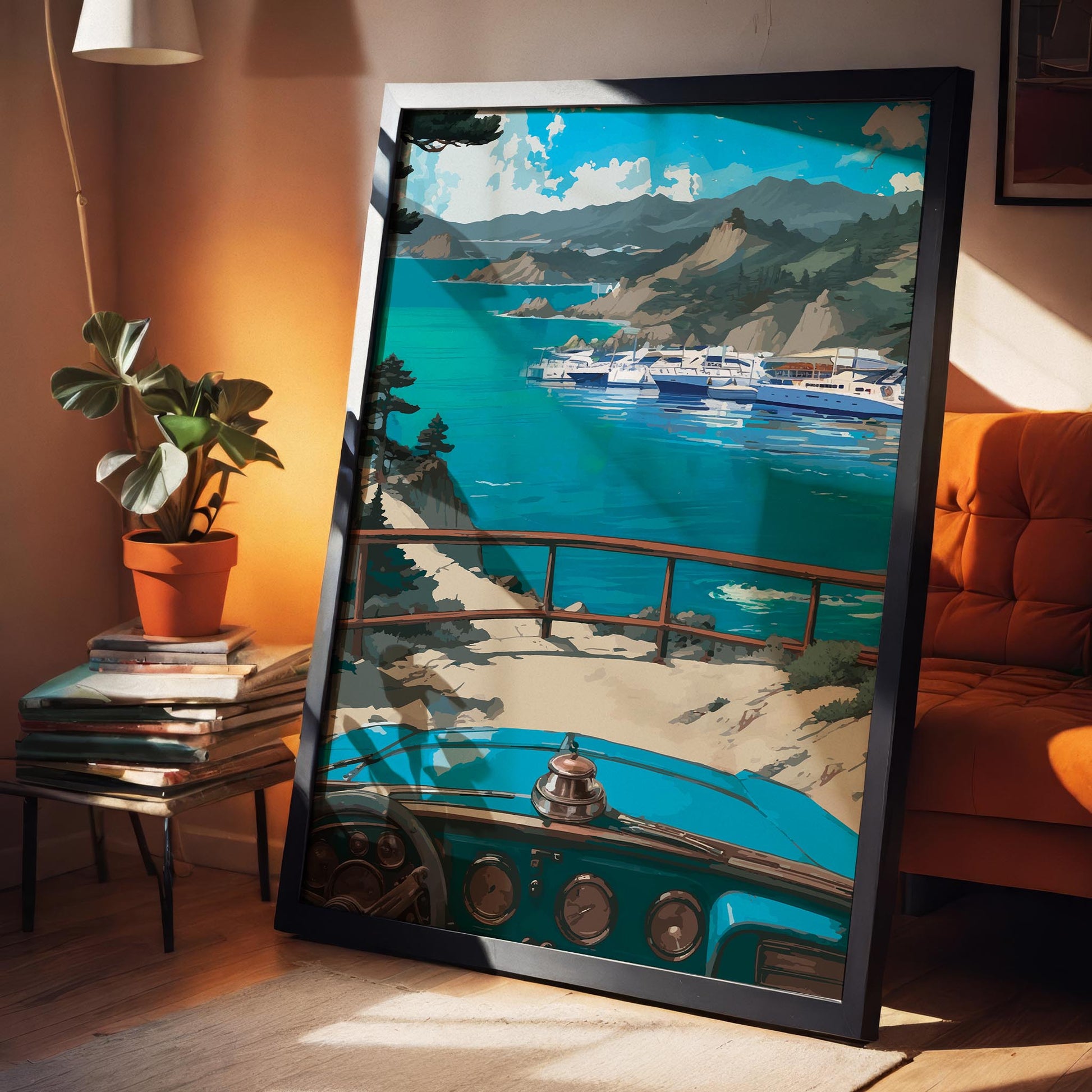 Scenic coastal-themed printable wall art featuring a vintage blue car overlooking a marina filled with yachts, with dramatic cliffs, turquoise waters, and distant mountains under a vivid blue sky, perfect for travel lovers, beach house decor, or retro-inspired interiors