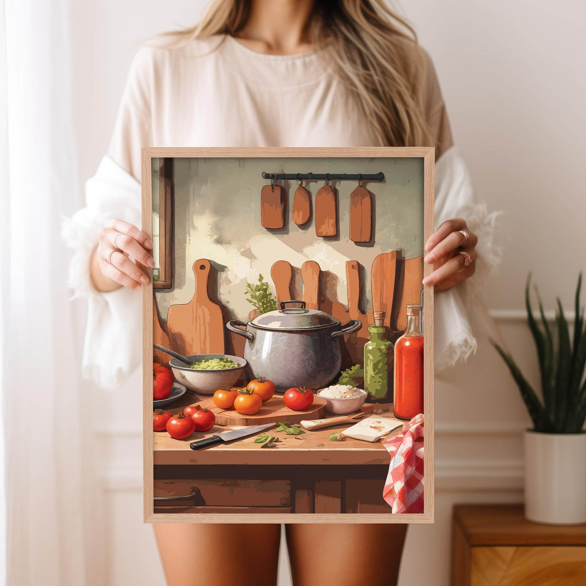 Printable wall art of a rustic kitchen scene with fresh tomatoes, herbs, a cooking pot, cutting boards, and bottles of oil and sauce on a wooden countertop, perfect for cozy farmhouse or kitchen-themed decor