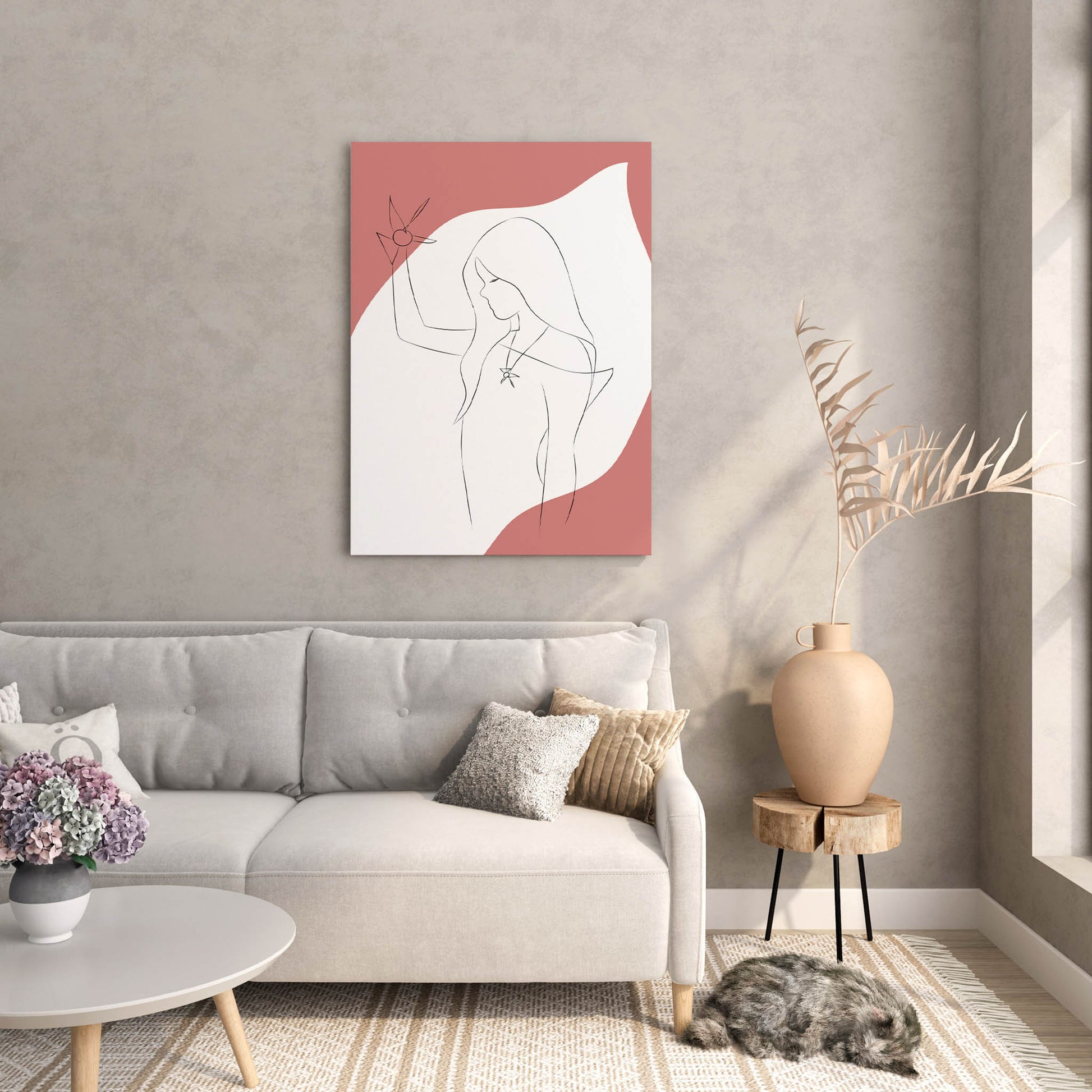 Elegant minimalist line art of a woman holding a geometric star, with long flowing hair and pendant necklace, set against a pink and white abstract background, ideal for modern and feminine decor