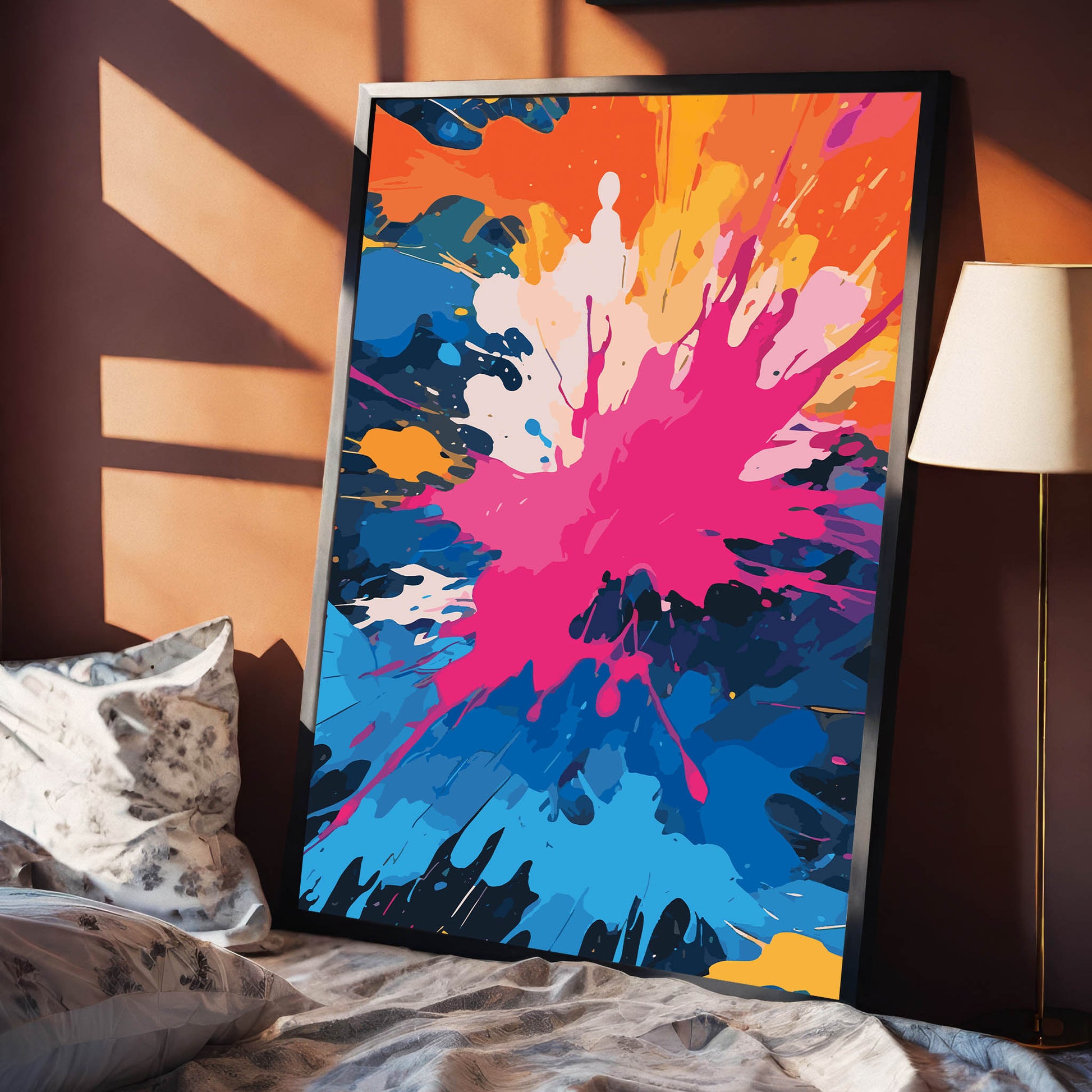 Vibrant abstract printable wall art featuring an explosive splash of bold colours including pink, blue, orange, yellow, and white, perfect for energising modern interiors or creative spaces