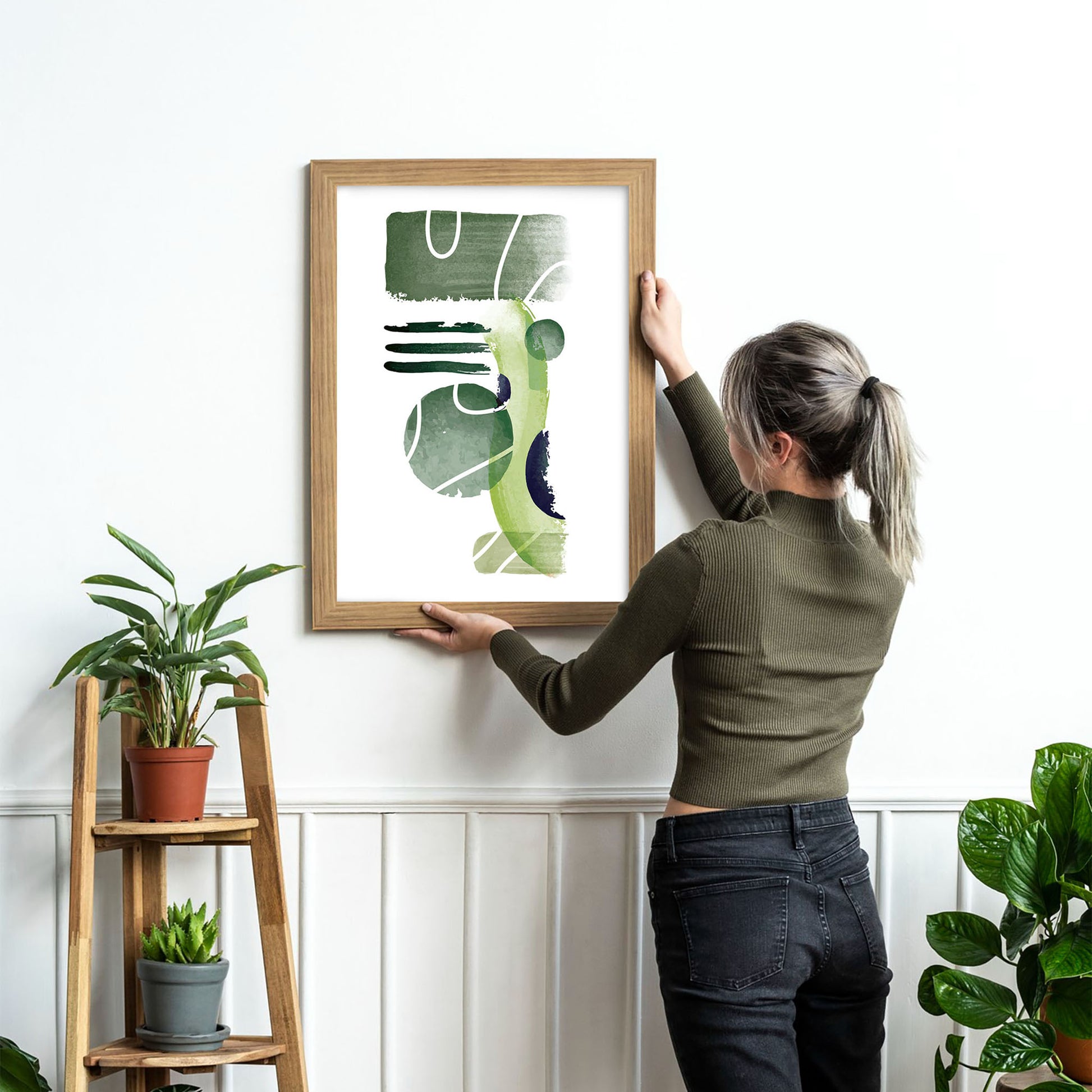 Modern abstract printable wall art featuring layered geometric shapes and textured brushstrokes in earthy green tones with subtle white accents, perfect for minimalist, nature-inspired, or contemporary spaces