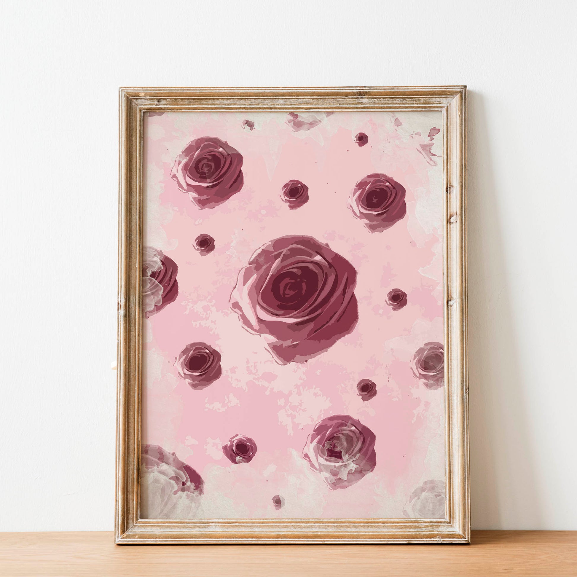 Romantic rose-themed printable wall art featuring a pattern of deep pink roses on a soft pastel background, perfect for feminine decor, bedroom walls, or Valentine’s Day gifts.