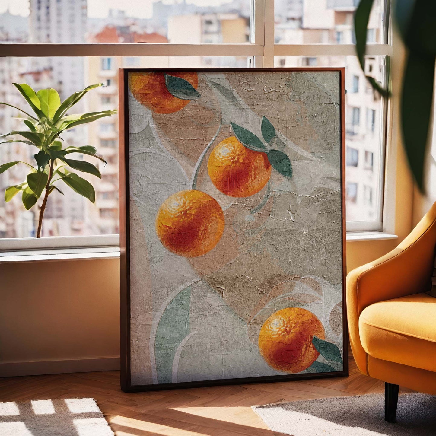 Printable wall art featuring a textured, abstract background with bright orange citrus fruits and green leaves, evoking a rustic, Mediterranean-inspired aesthetic, perfect for kitchen or dining room decor