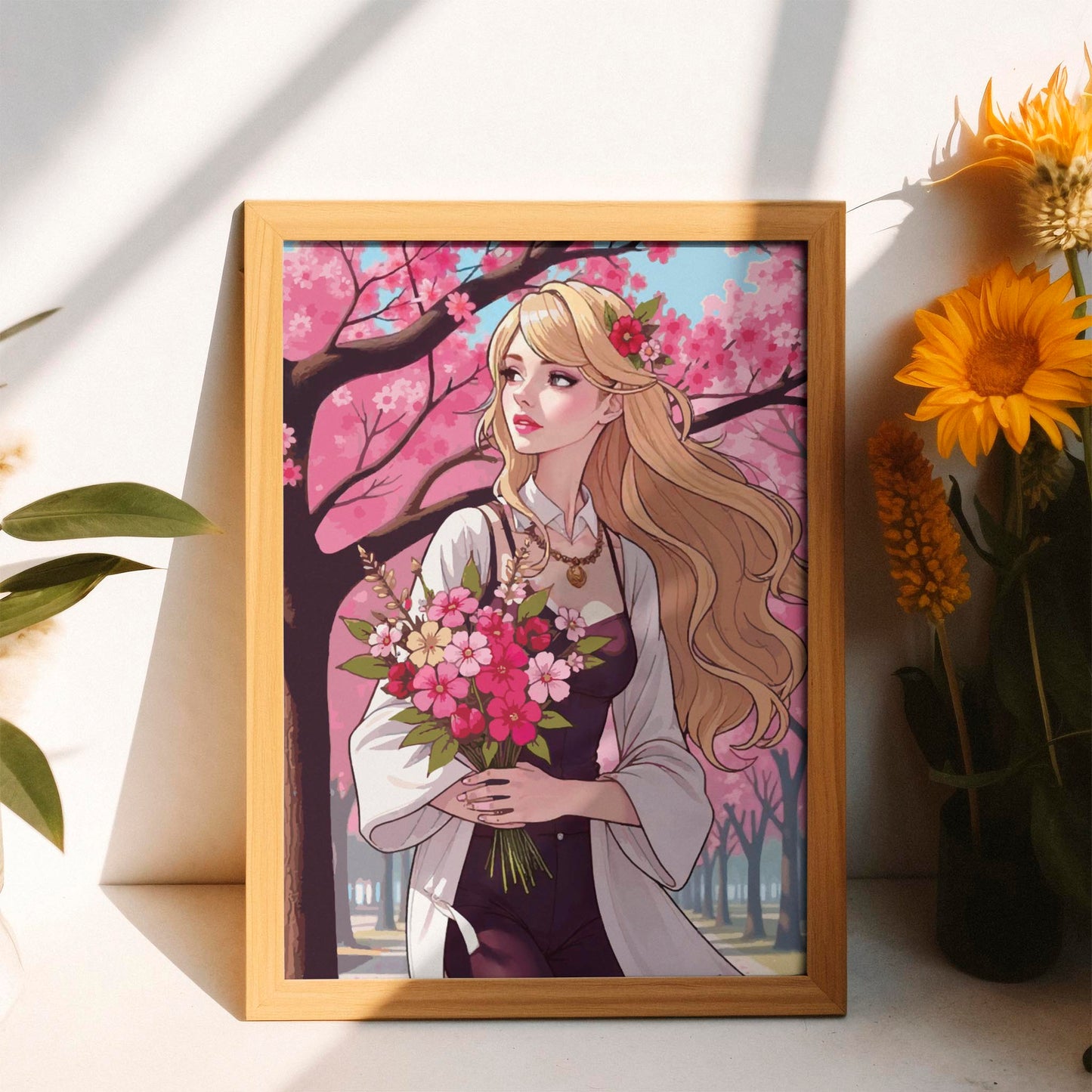 Printable wall art of a graceful woman with long blonde hair holding a bouquet of vibrant pink flowers, standing under blooming cherry blossom trees on a sunny day, perfect for romantic and nature-inspired home decor