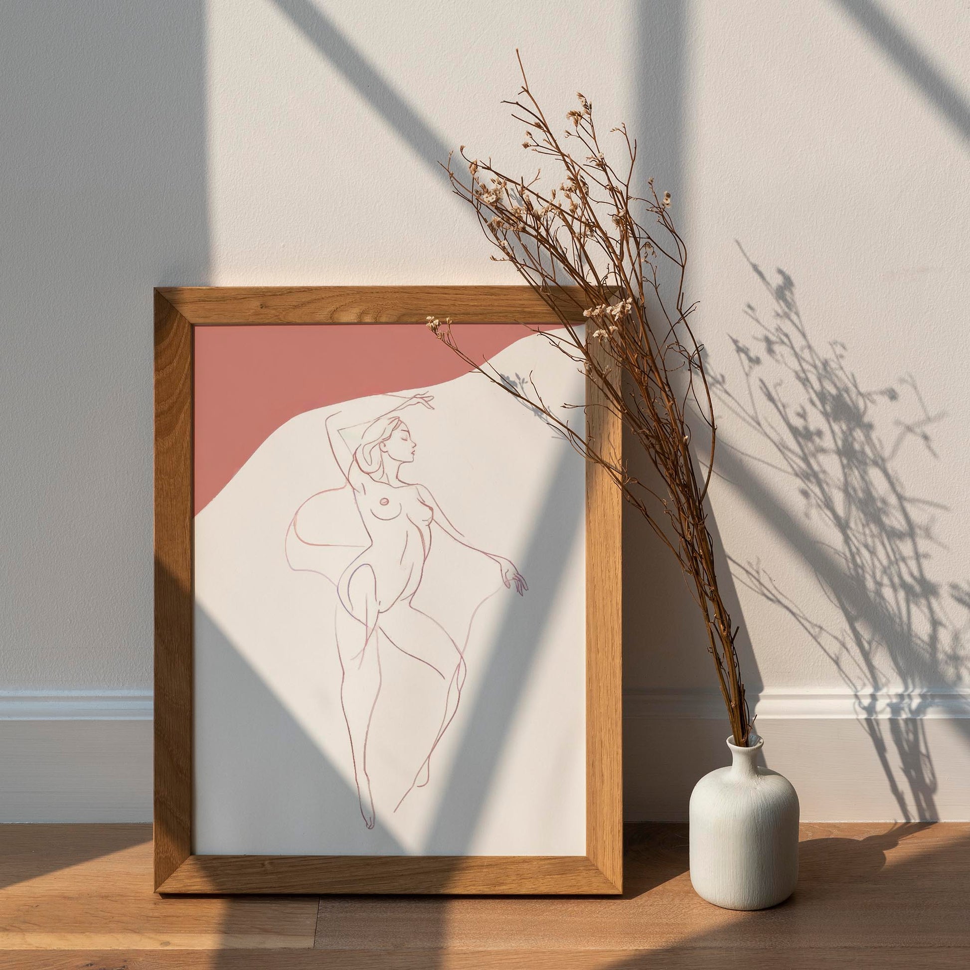 Minimalist line drawing of a nude female figure in a graceful pose with soft pink accents, elegant and sensual wall art ideal for modern bedrooms, studios, or gallery walls.