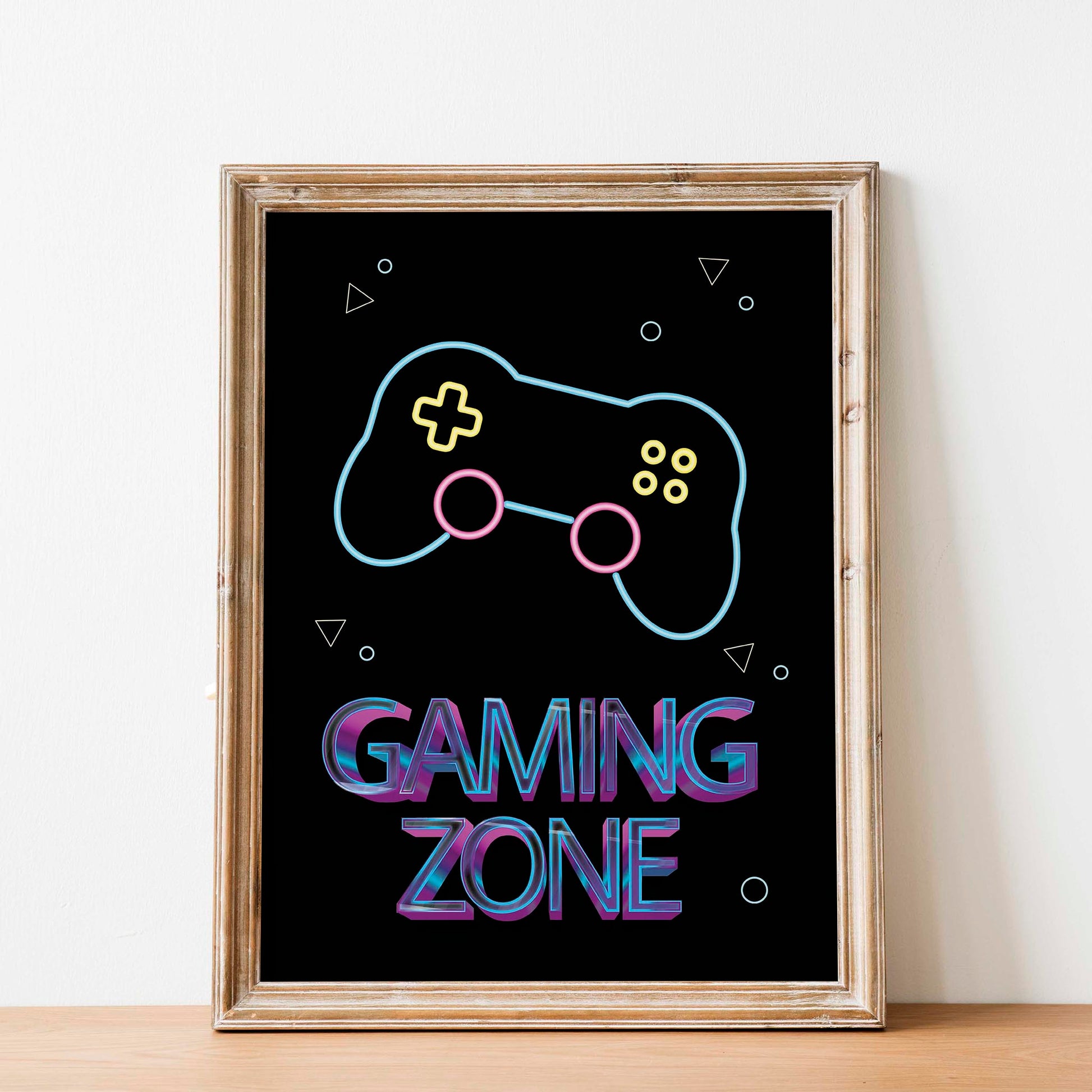 Neon-style gaming controller illustration with ‘Gaming Zone’ text, vibrant digital wall art ideal for game rooms, kids’ spaces, and esports enthusiasts