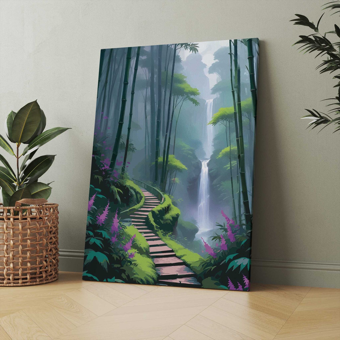 Scenic wall art of a misty bamboo forest with a winding path leading to a tall waterfall surrounded by lush greenery and purple flowers