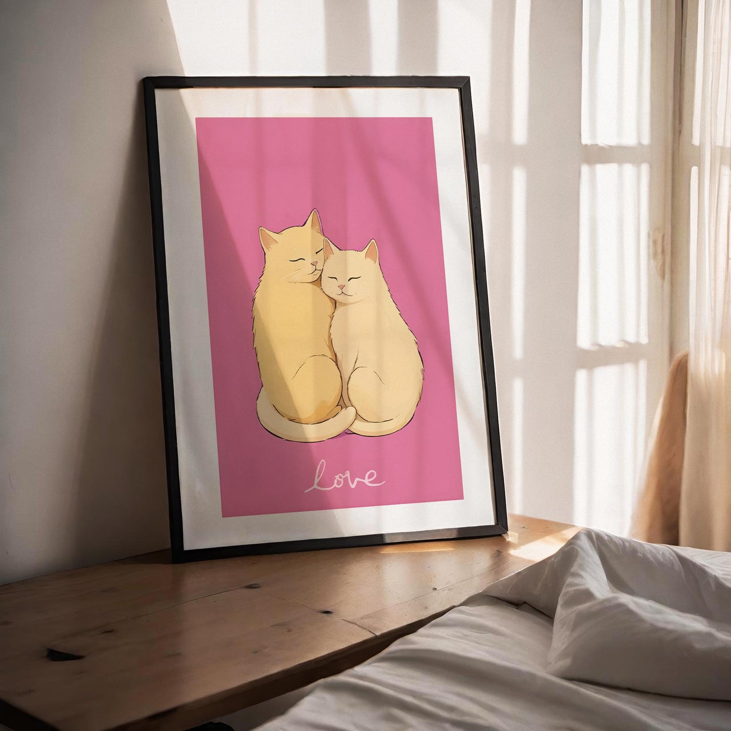 Printable wall art of two cute cats cuddling on a pink background with the word ‘love,’ perfect for cat lovers and romantic home decor