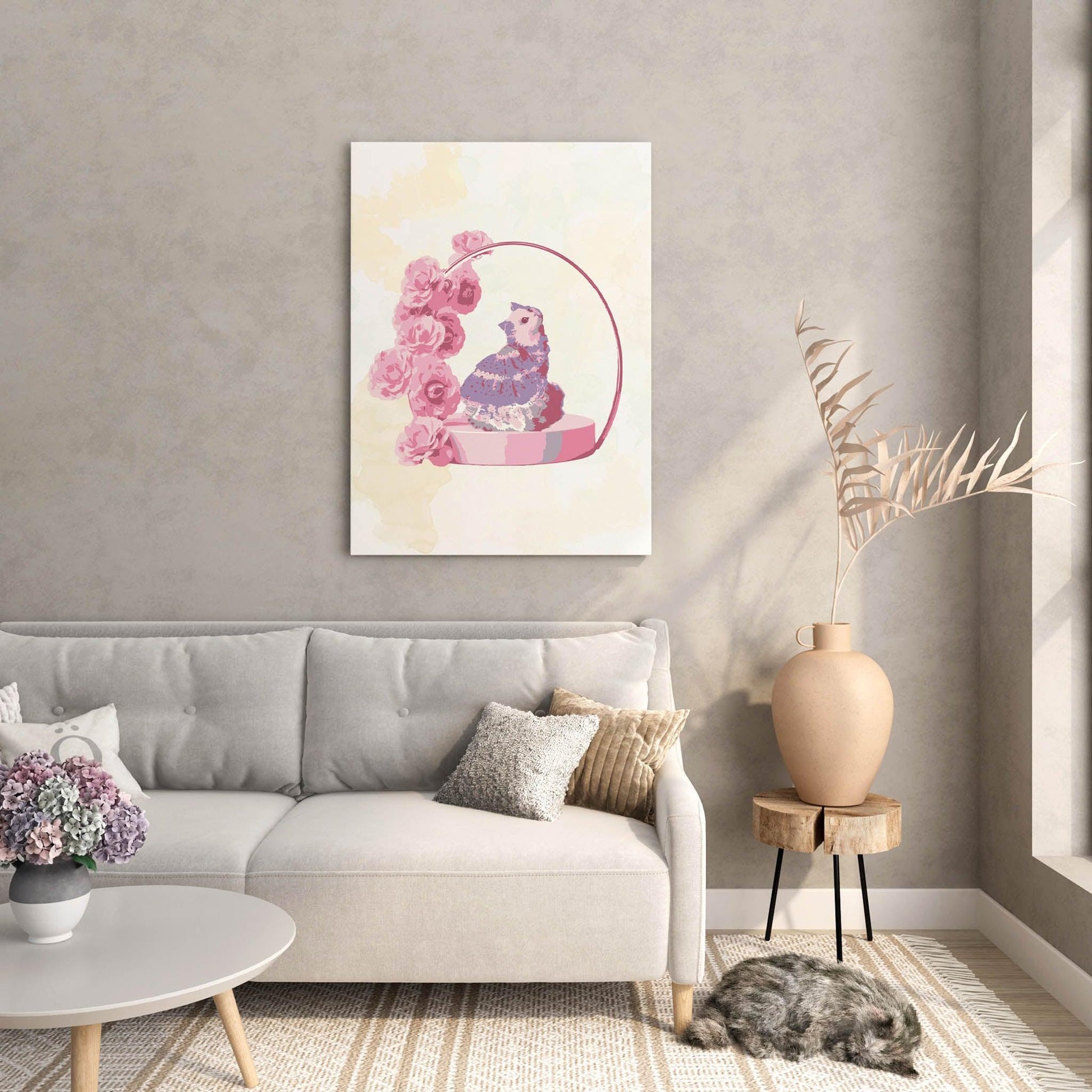 Printable wall art of a whimsical cat wearing a frilly purple dress, sitting on a round pink pedestal adorned with pink roses and a delicate arch, perfect for romantic, feminine home decor