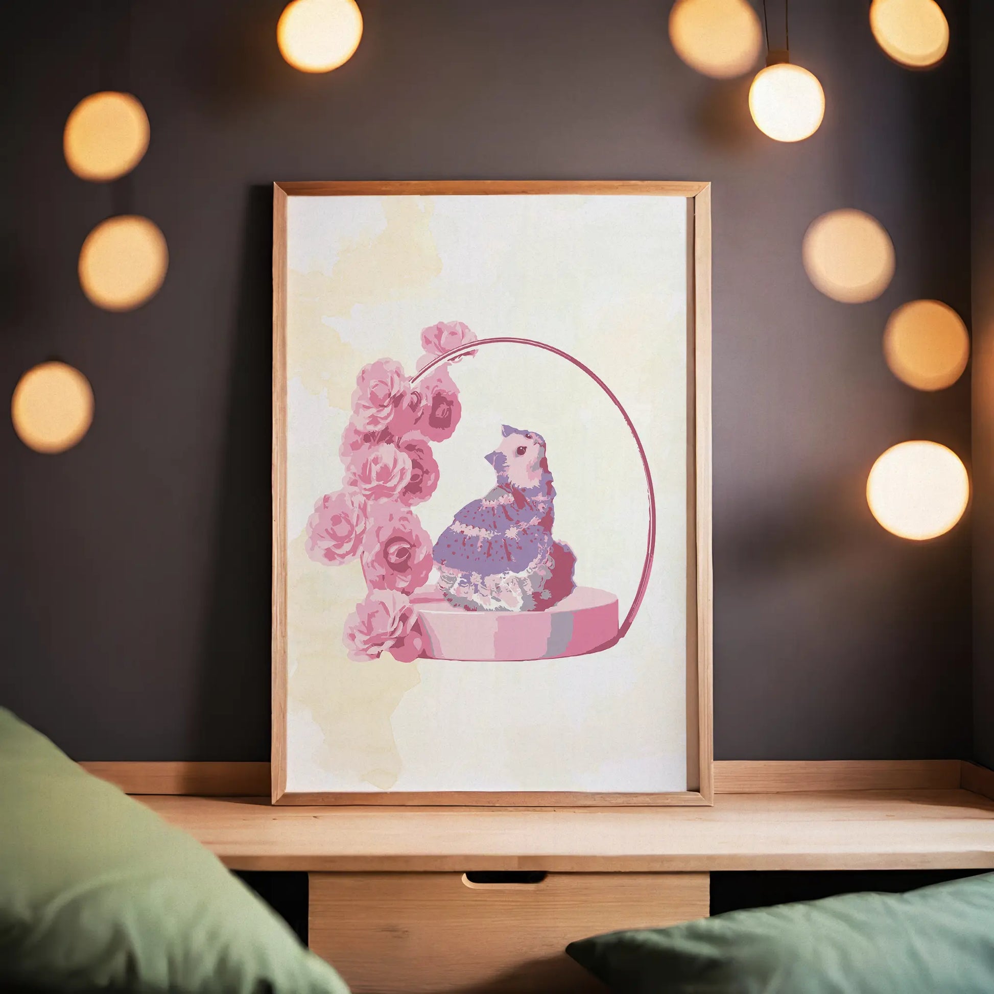 Printable wall art of a whimsical cat wearing a frilly purple dress, sitting on a round pink pedestal adorned with pink roses and a delicate arch, perfect for romantic, feminine home decor