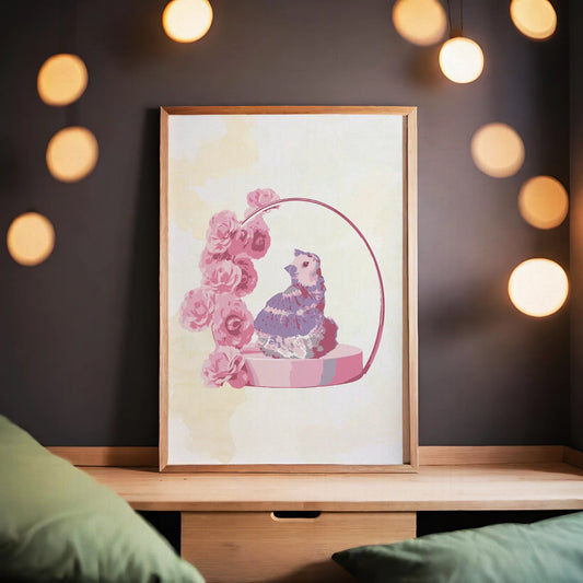 Printable wall art of a whimsical cat wearing a frilly purple dress, sitting on a round pink pedestal adorned with pink roses and a delicate arch, perfect for romantic, feminine home decor