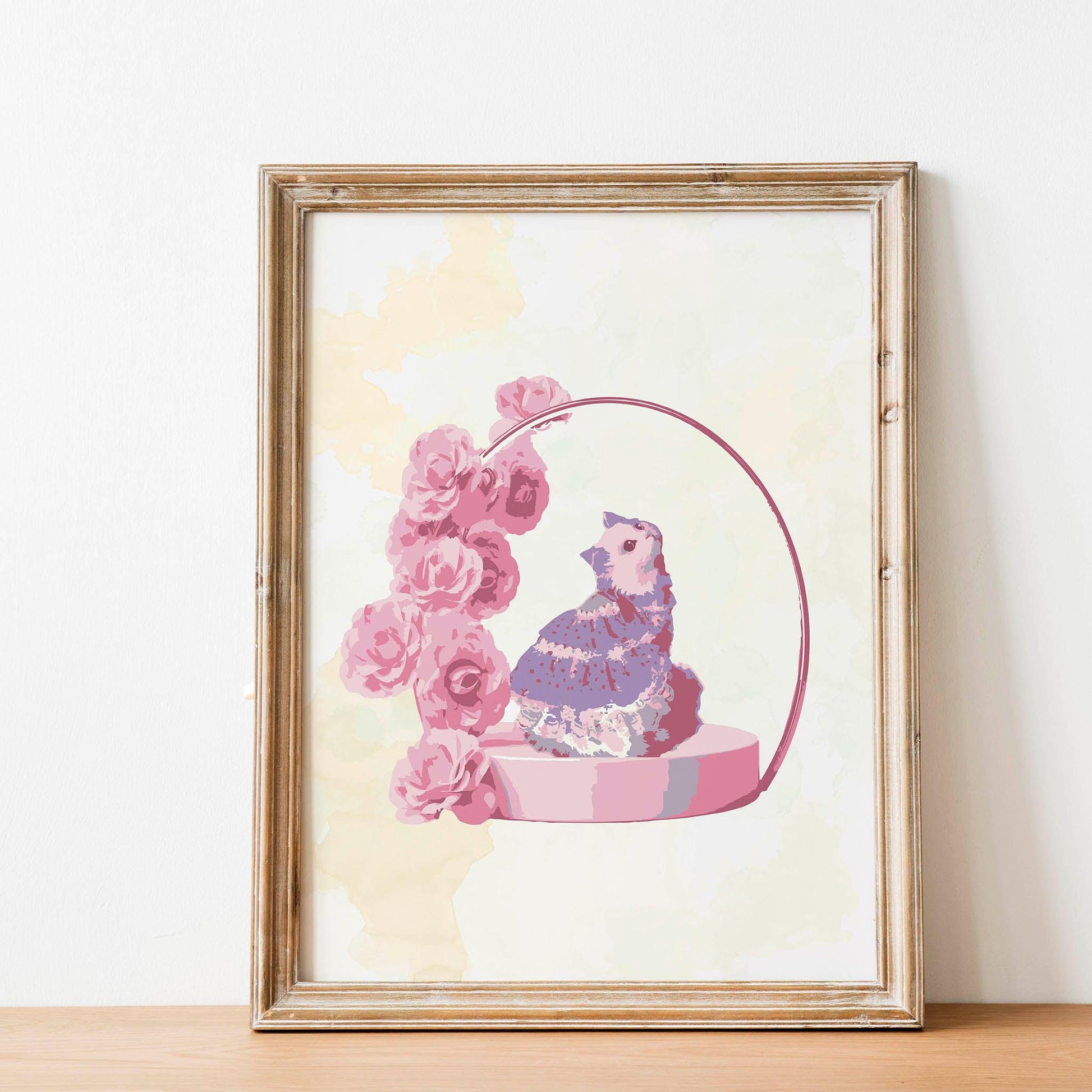 Printable wall art of a whimsical cat wearing a frilly purple dress, sitting on a round pink pedestal adorned with pink roses and a delicate arch, perfect for romantic, feminine home decor
