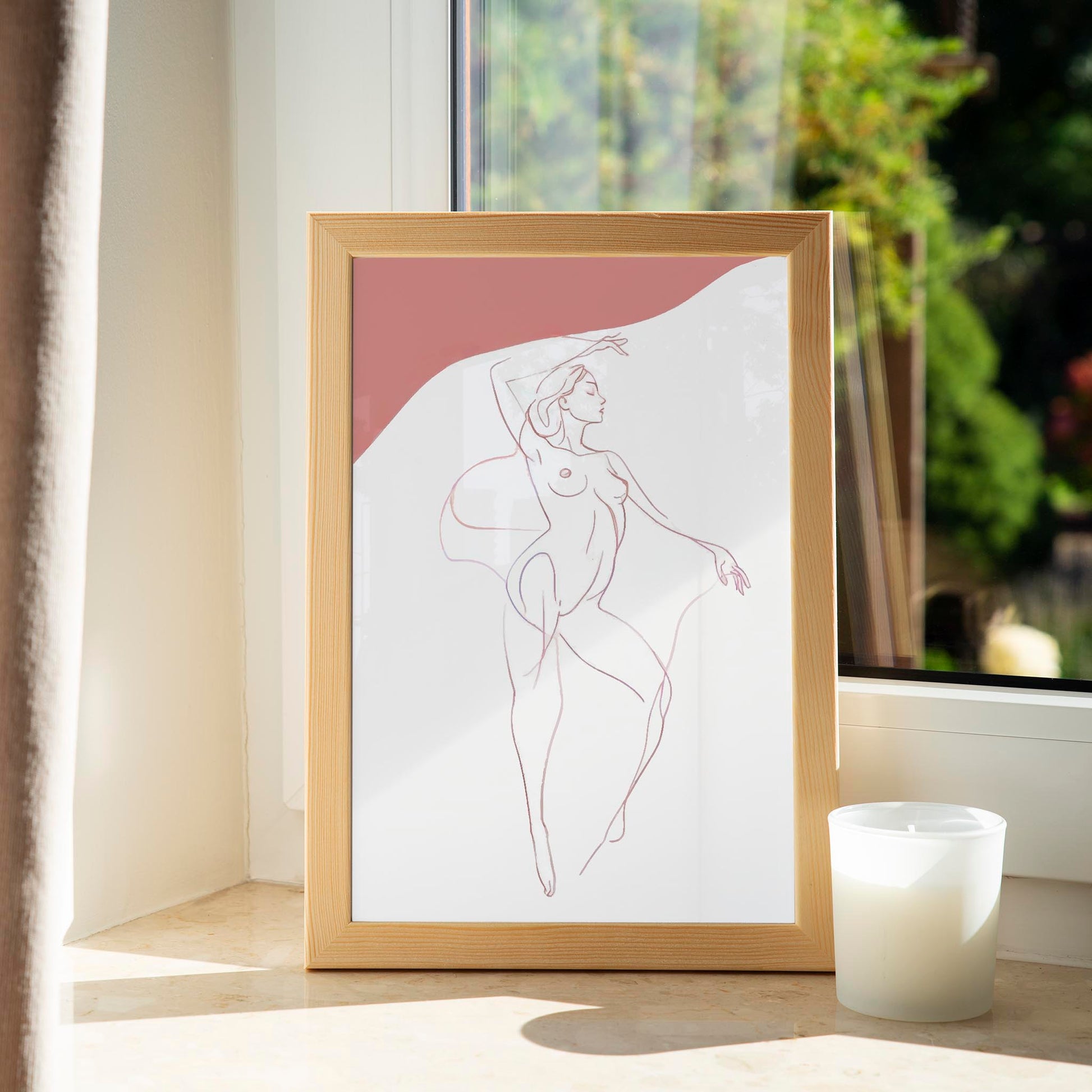 Minimalist line drawing of a nude female figure in a graceful pose with soft pink accents, elegant and sensual wall art ideal for modern bedrooms, studios, or gallery walls.