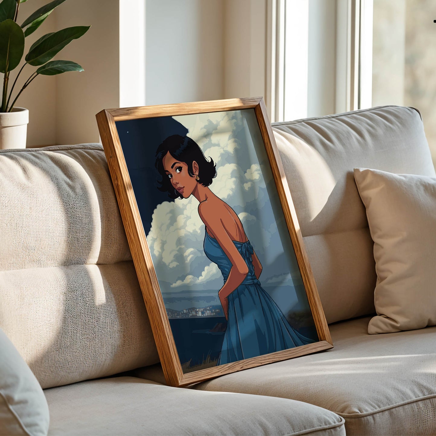 Stylized digital portrait of a confident woman in a flowing blue dress, set against a dramatic cloudy sky and distant coastline, perfect for modern printable wall art