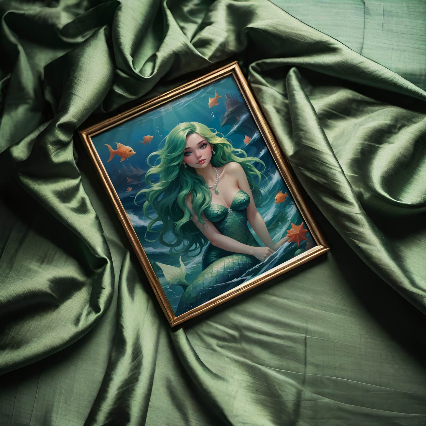 Fantasy digital wall art of a beautiful mermaid with long green hair and shimmering scales surrounded by orange fish under the sea
