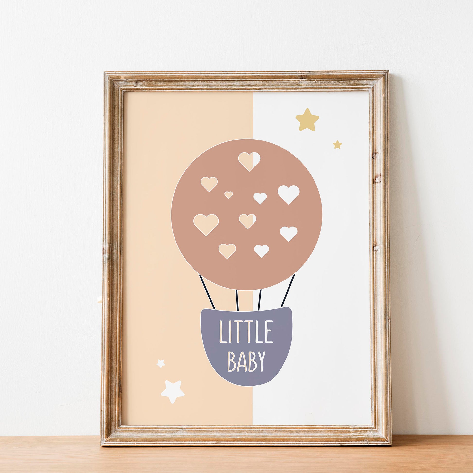 Minimalist nursery wall art featuring a pastel hot air balloon with heart shapes and the phrase "Little Baby", perfect for baby rooms, gender-neutral decor, or baby shower gifts.