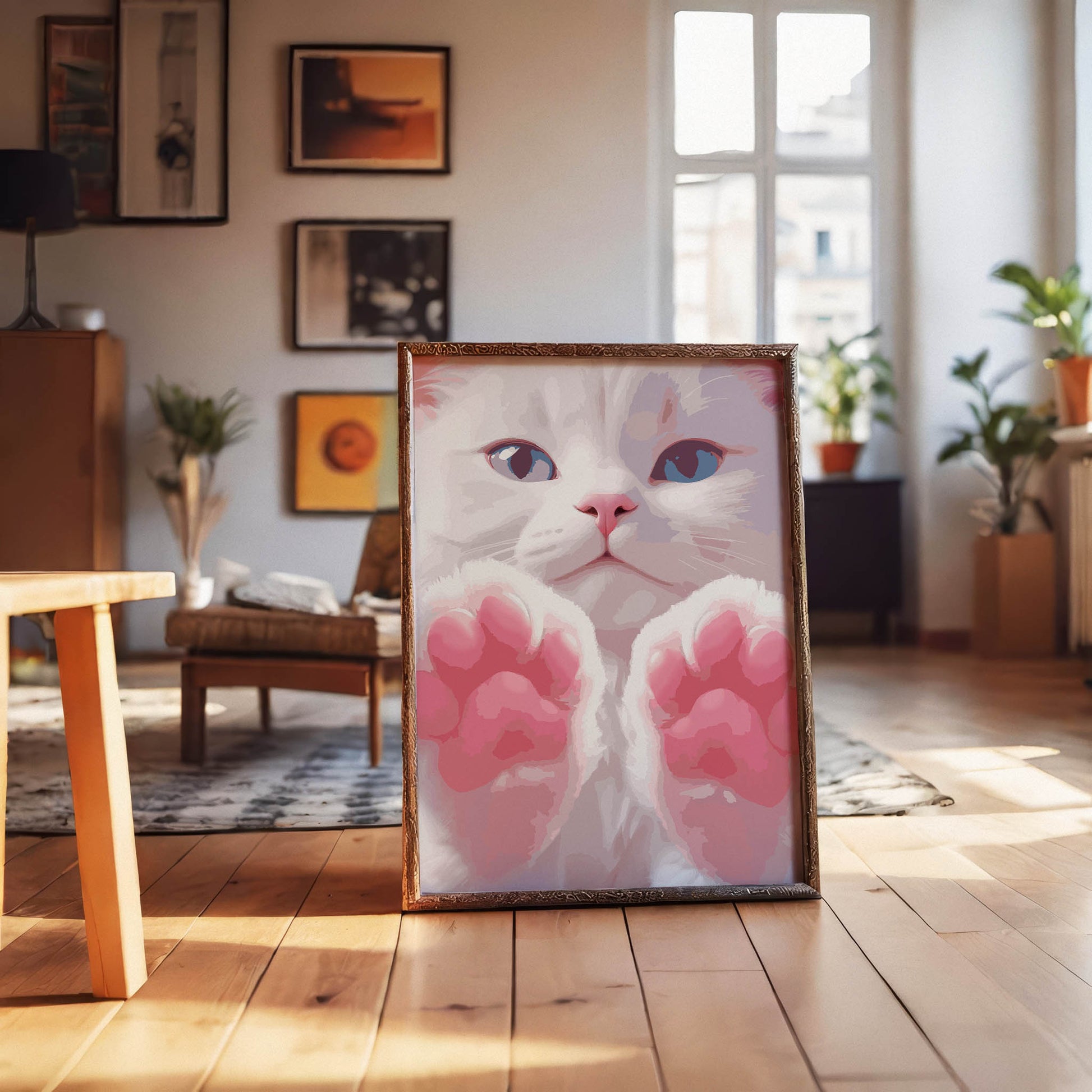 Printable wall art of an adorable white kitten with bright blue eyes and soft pink paws held up close, perfect for cat lovers and cute, whimsical home decor