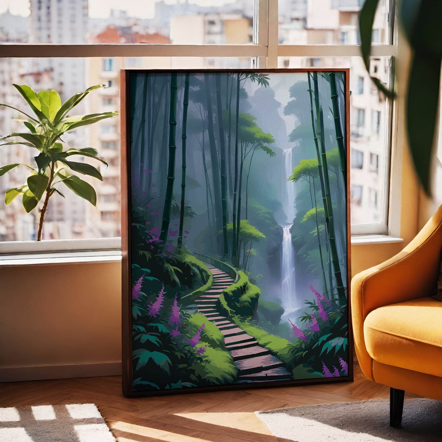 Scenic wall art of a misty bamboo forest with a winding path leading to a tall waterfall surrounded by lush greenery and purple flowers
