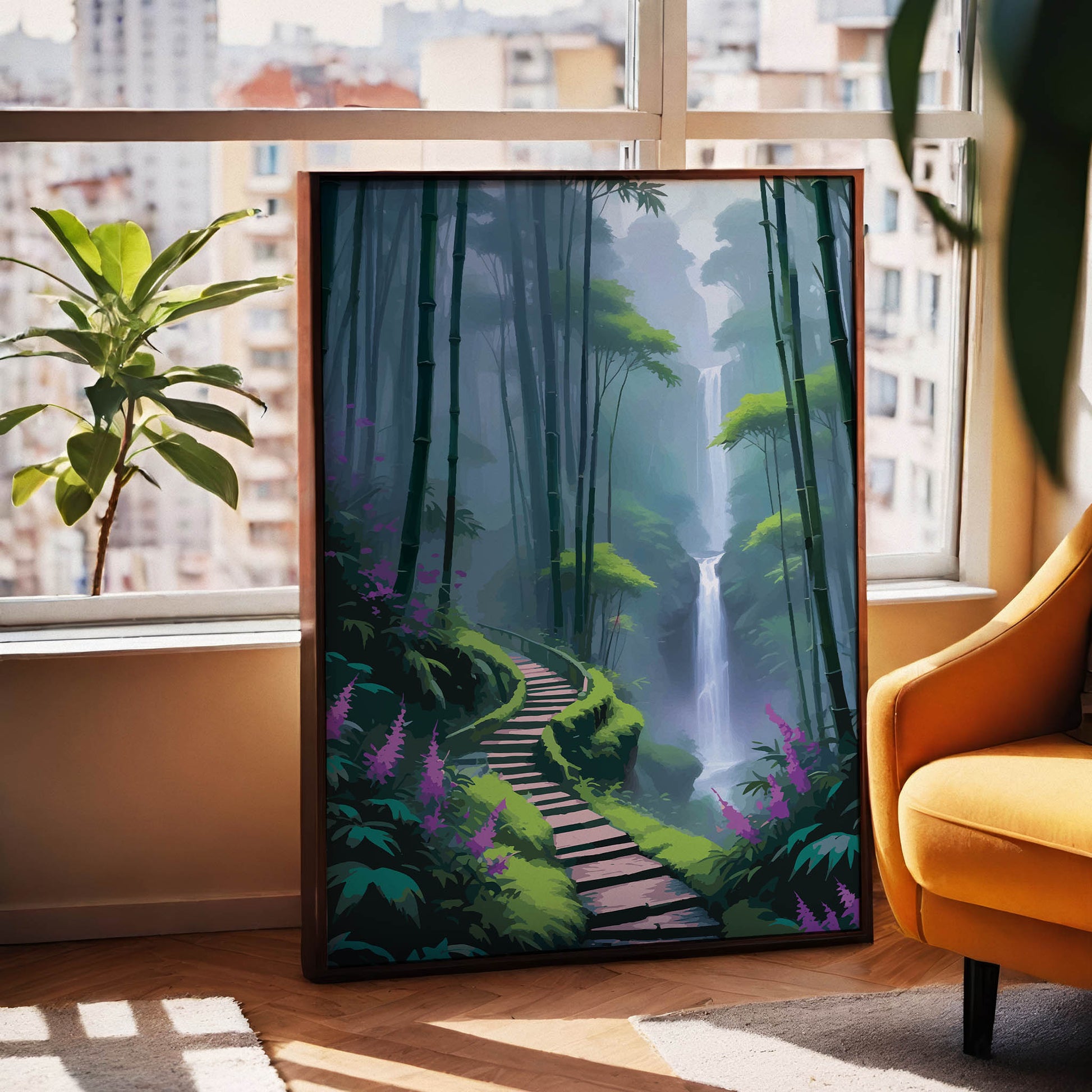 Scenic wall art of a misty bamboo forest with a winding path leading to a tall waterfall surrounded by lush greenery and purple flowers