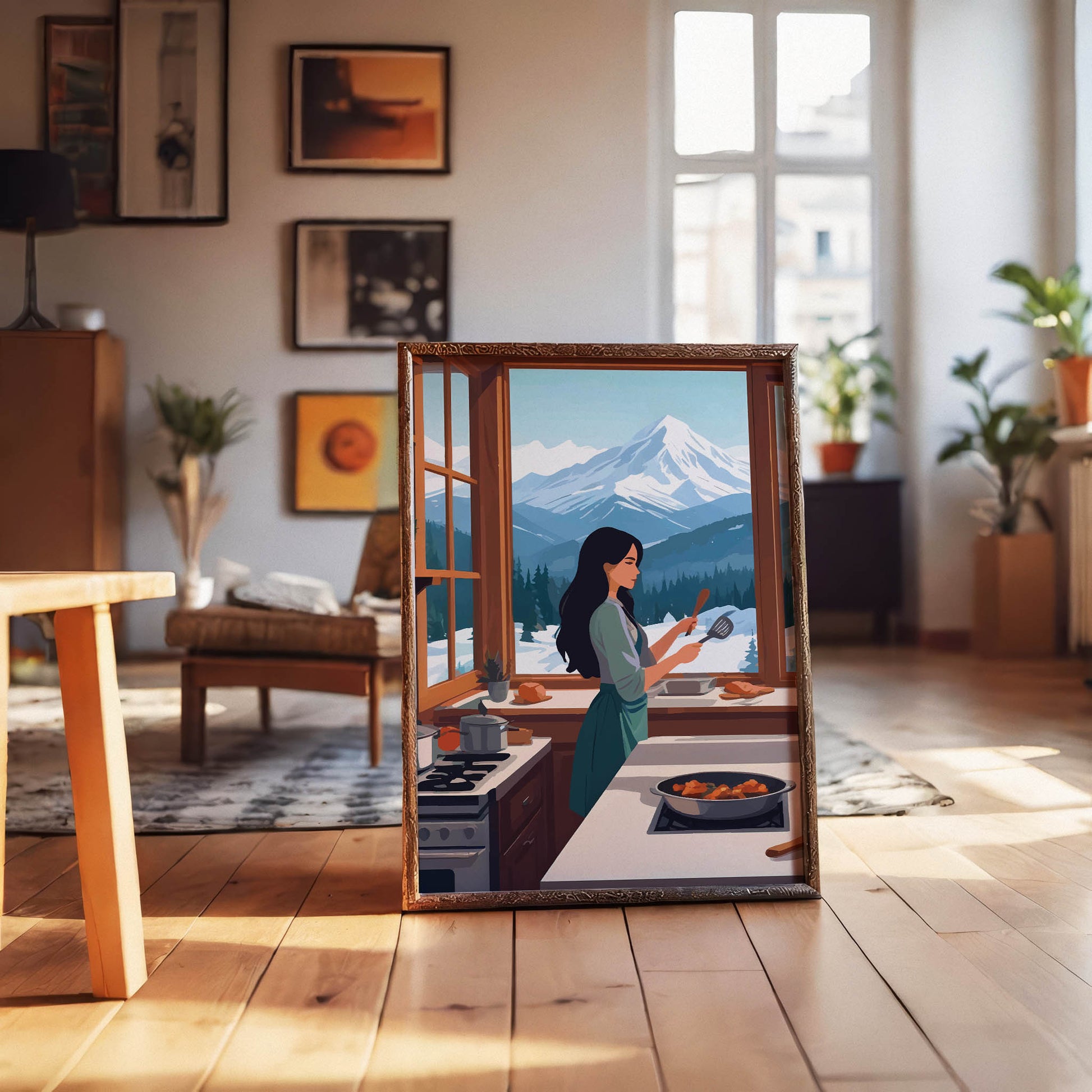 Cozy digital wall art of a woman cooking in a warm kitchen with large windows, overlooking snowy mountains and pine trees
