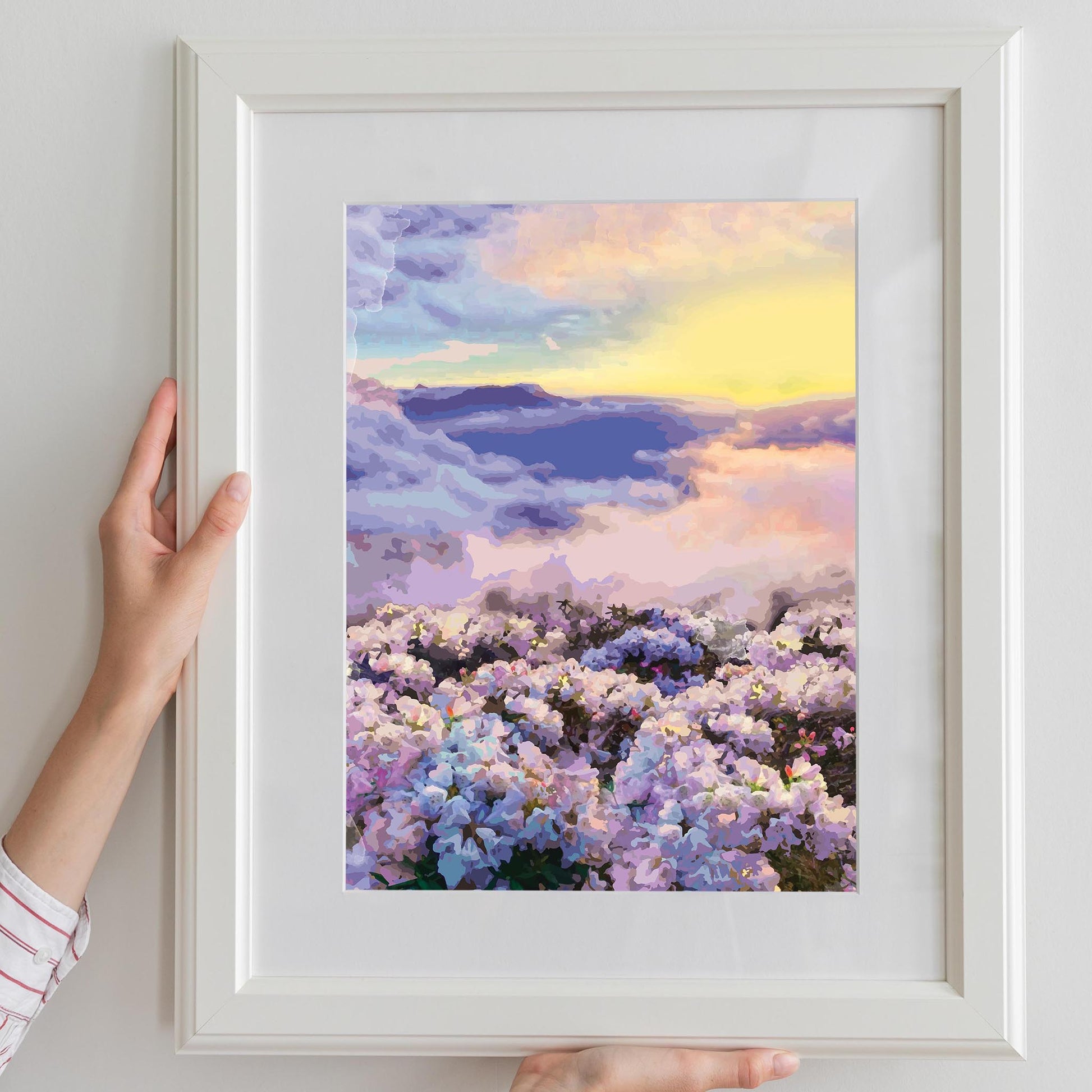 Dreamy floral landscape printable wall art featuring a field of pastel blossoms beneath a radiant sky at sunset, perfect for romantic, tranquil, or nature-inspired interior decor.