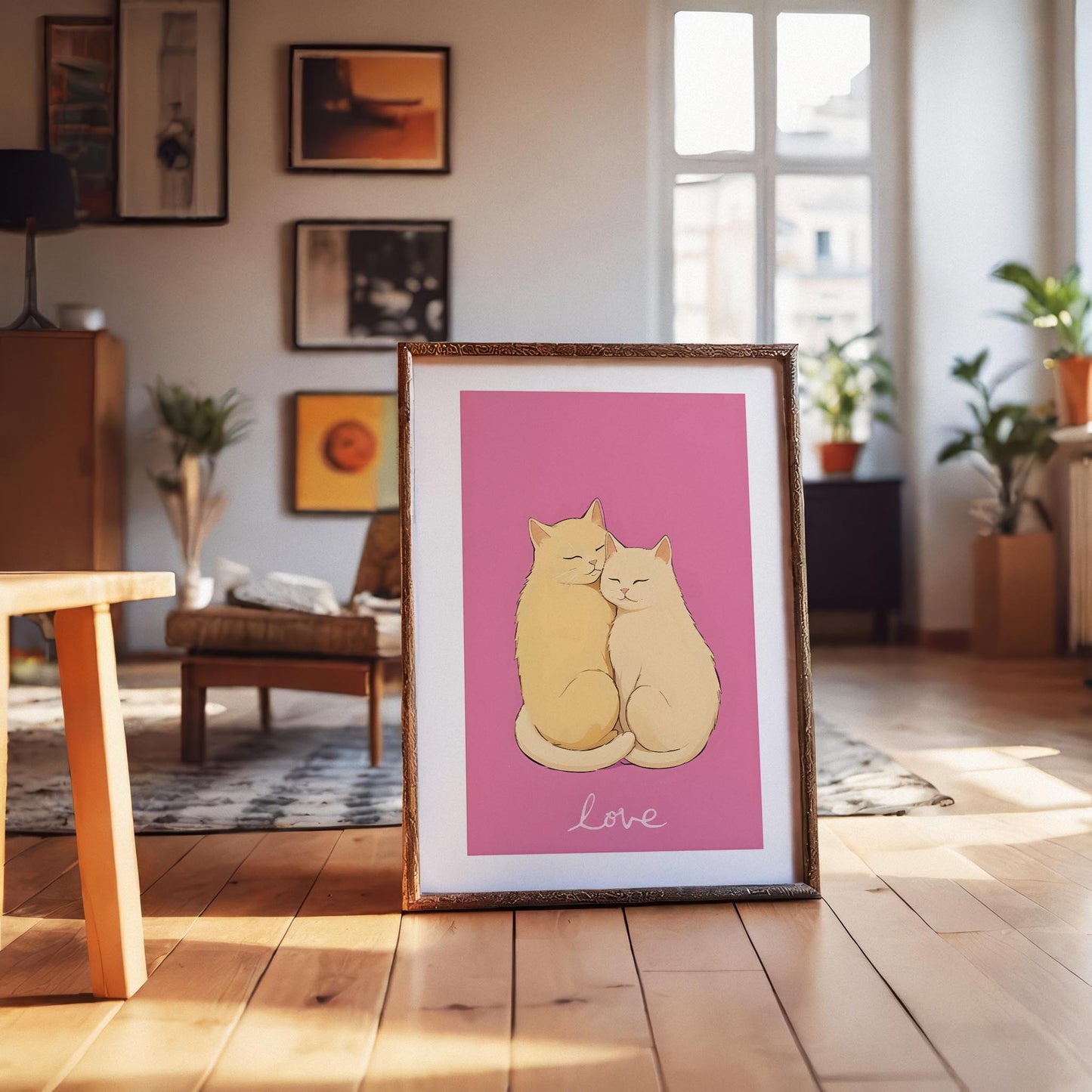 Printable wall art of two cute cats cuddling on a pink background with the word ‘love,’ perfect for cat lovers and romantic home decor