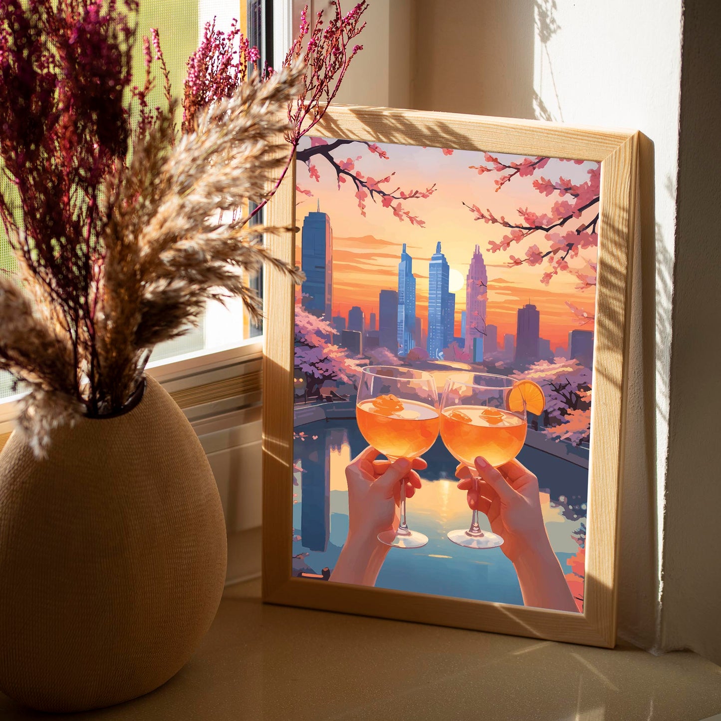 Romantic printable wall art featuring two hands holding glasses of orange cocktails at sunset, with a city skyline and cherry blossom trees in the background - perfect for modern and cozy home decor