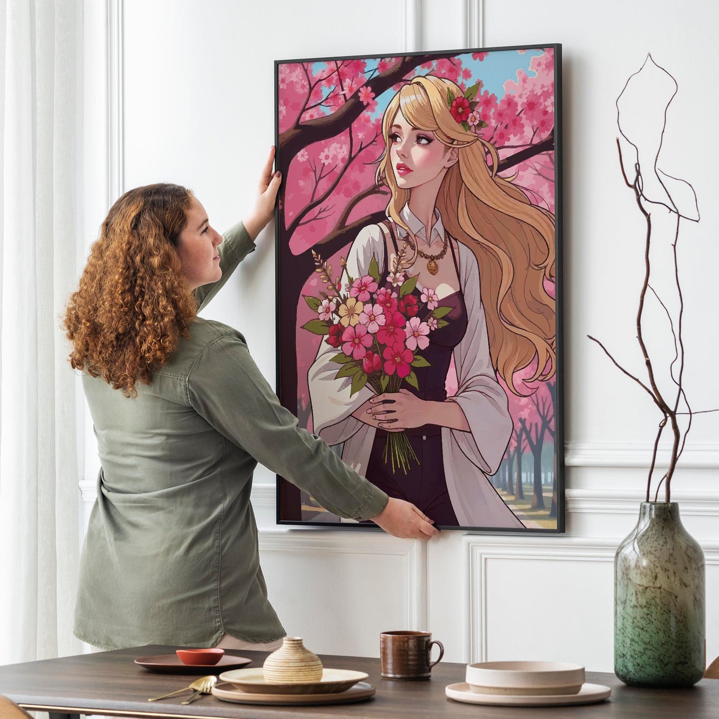 Printable wall art of a graceful woman with long blonde hair holding a bouquet of vibrant pink flowers, standing under blooming cherry blossom trees on a sunny day, perfect for romantic and nature-inspired home decor