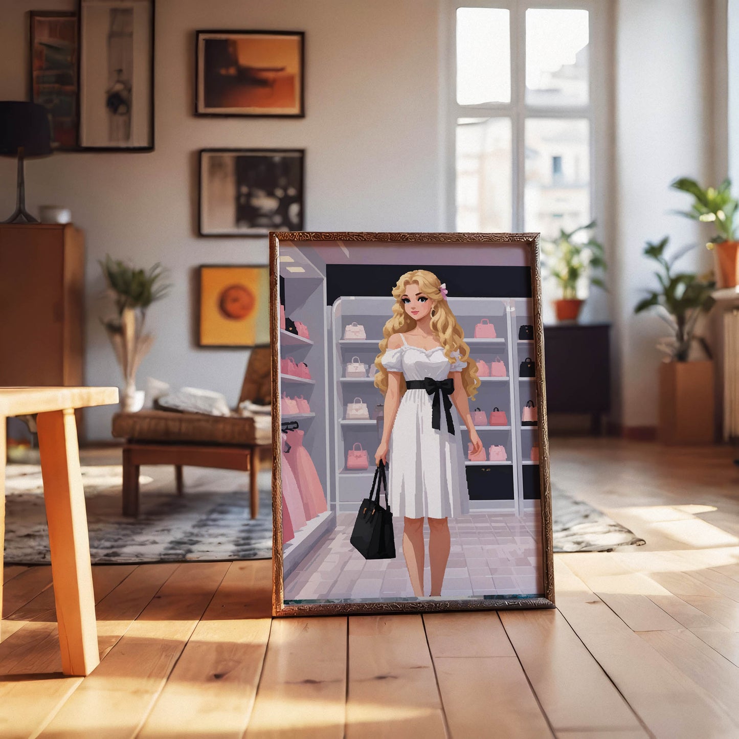 Elegant digital illustration of a stylish woman in a white dress with a black bow, shopping in a boutique filled with pastel handbags, chic printable wall art for fashion lovers and modern interiors