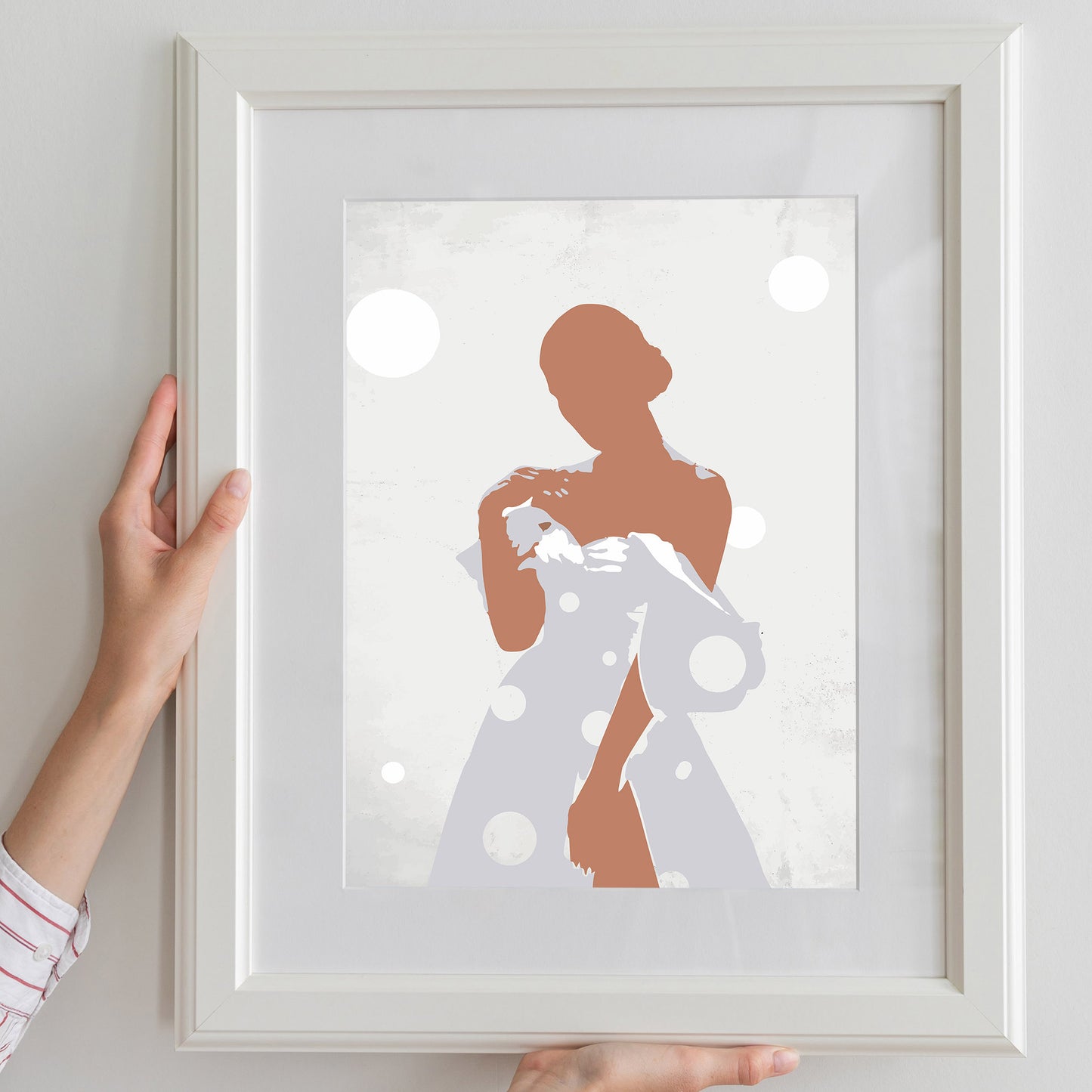Minimalist printable wall art featuring a stylised silhouette of a woman in a flowing polka-dot dress, with soft shadows and neutral tones, evoking elegance and quiet confidence, perfect for chic, modern interiors