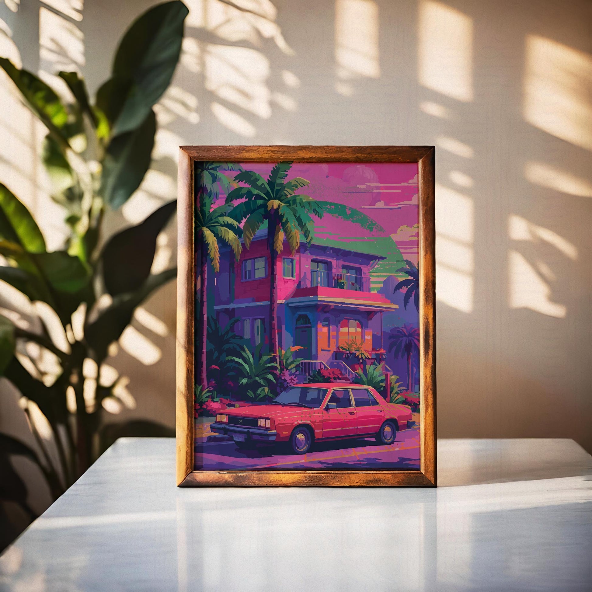 Printable wall art of a vibrant retro-style house with palm trees and a vintage red car parked out front, set against a dreamy sunset sky in pink, purple, and green hues, perfect for colorful, nostalgic home decor.