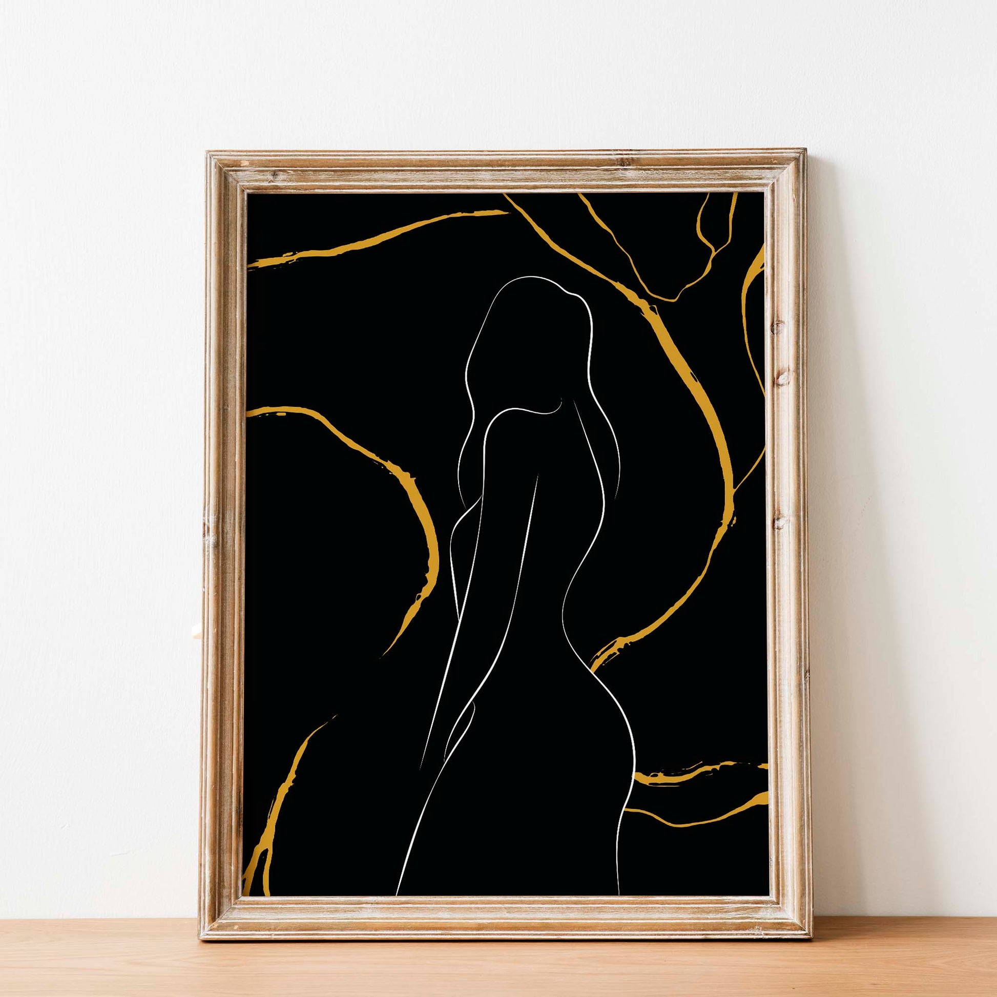 Minimalist line art of a woman’s silhouette on a black background with elegant gold marbling accents, modern and luxurious printable wall art