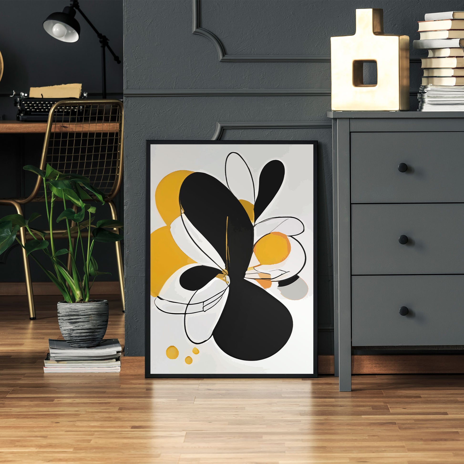 Bold abstract printable wall art featuring large black and yellow organic shapes with fine linework and soft neutral accents, creating a dynamic modern composition perfect for minimalist or contemporary decor