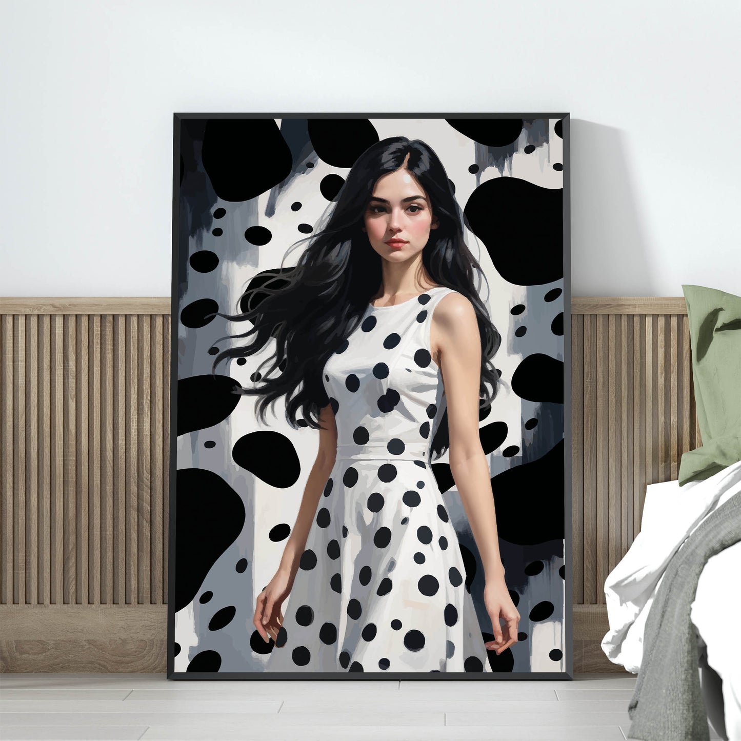 Stylized digital illustration of a confident woman in a white dress with bold black polka dots, set against a matching abstract background - modern printable wall art perfect for fashion-forward interior decor