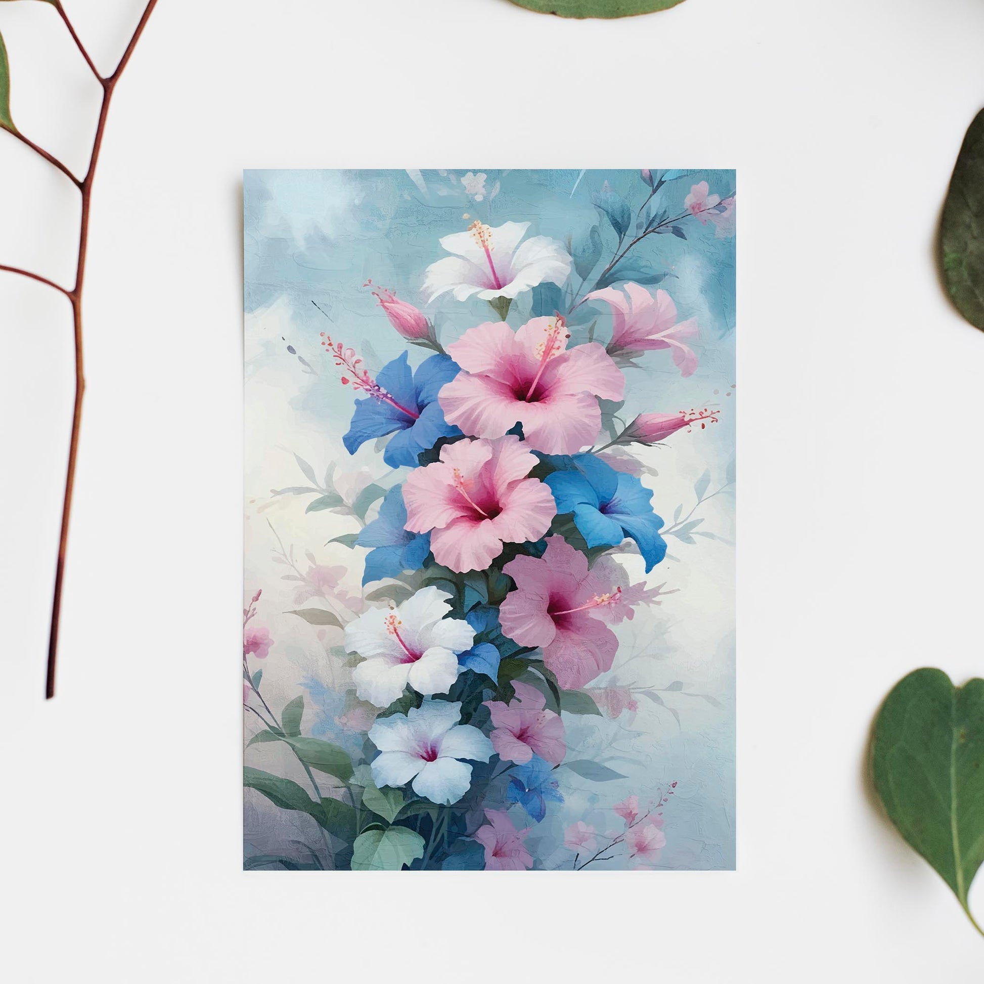 Elegant watercolor-style floral illustration featuring vibrant pink, blue, and white hibiscus blooms, perfect as printable wall art for botanical lovers and nature-inspired decor themes.