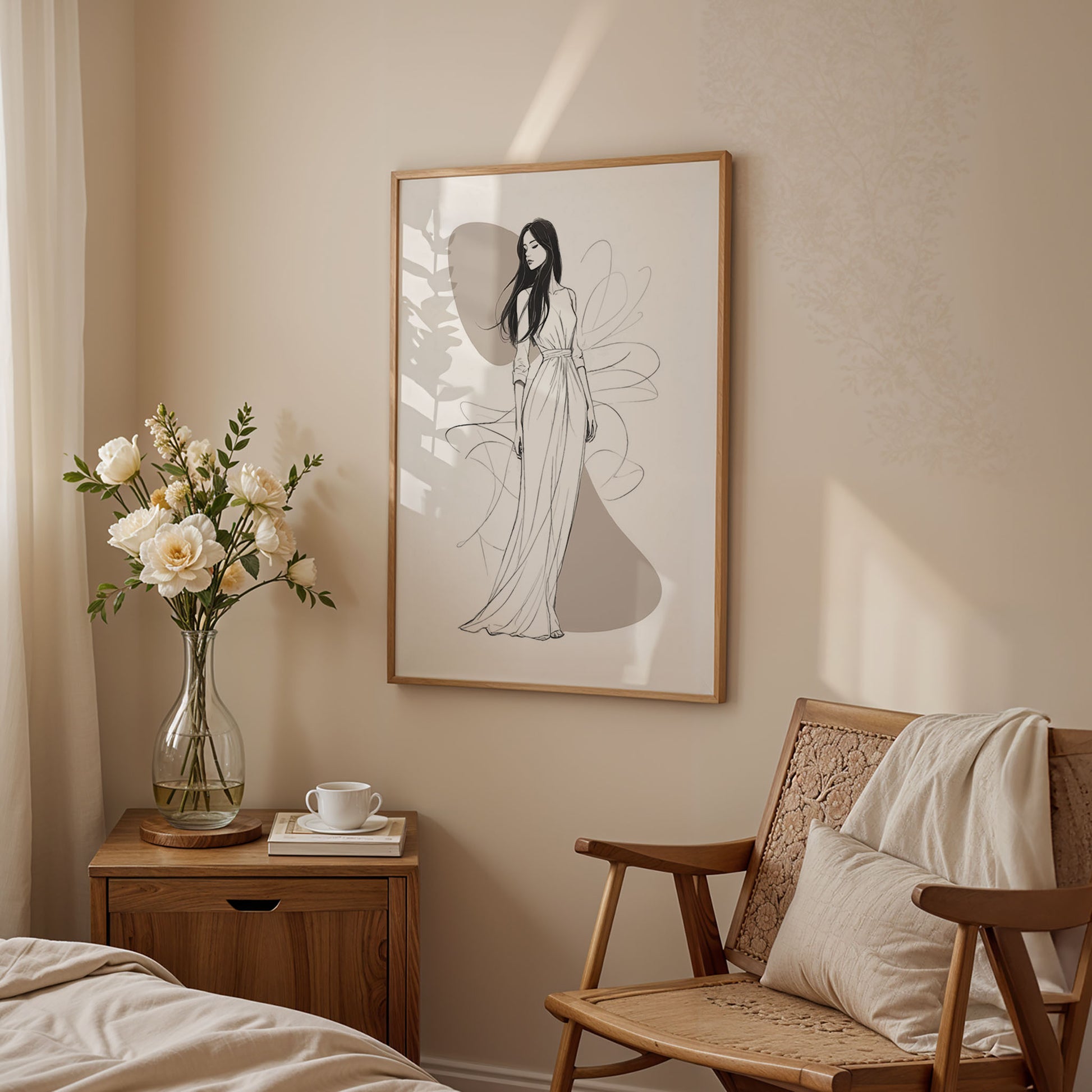 Elegant black and white line art of a woman in a flowing gown with abstract background, minimalist fashion illustration perfect for modern bedrooms, walk-in closets, or chic home decor.