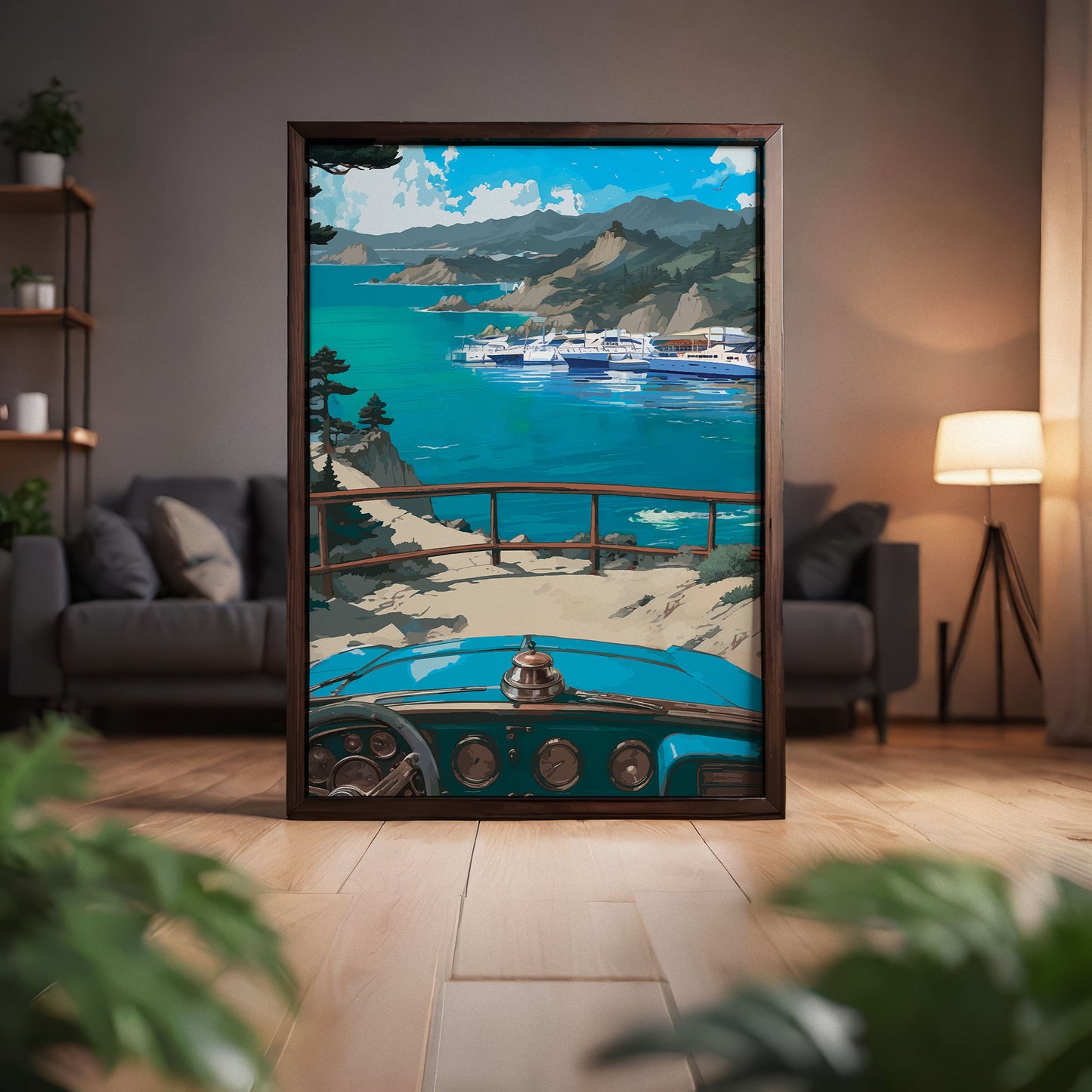 Scenic coastal-themed printable wall art featuring a vintage blue car overlooking a marina filled with yachts, with dramatic cliffs, turquoise waters, and distant mountains under a vivid blue sky, perfect for travel lovers, beach house decor, or retro-inspired interiors