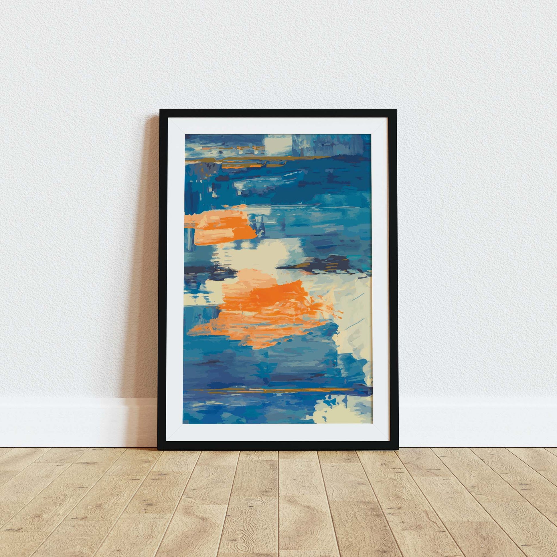 Abstract printable wall art featuring bold brushstrokes in vibrant shades of blue, orange, and cream, creating a dynamic, painterly texture inspired by water and motion, ideal for modern and artistic interiors