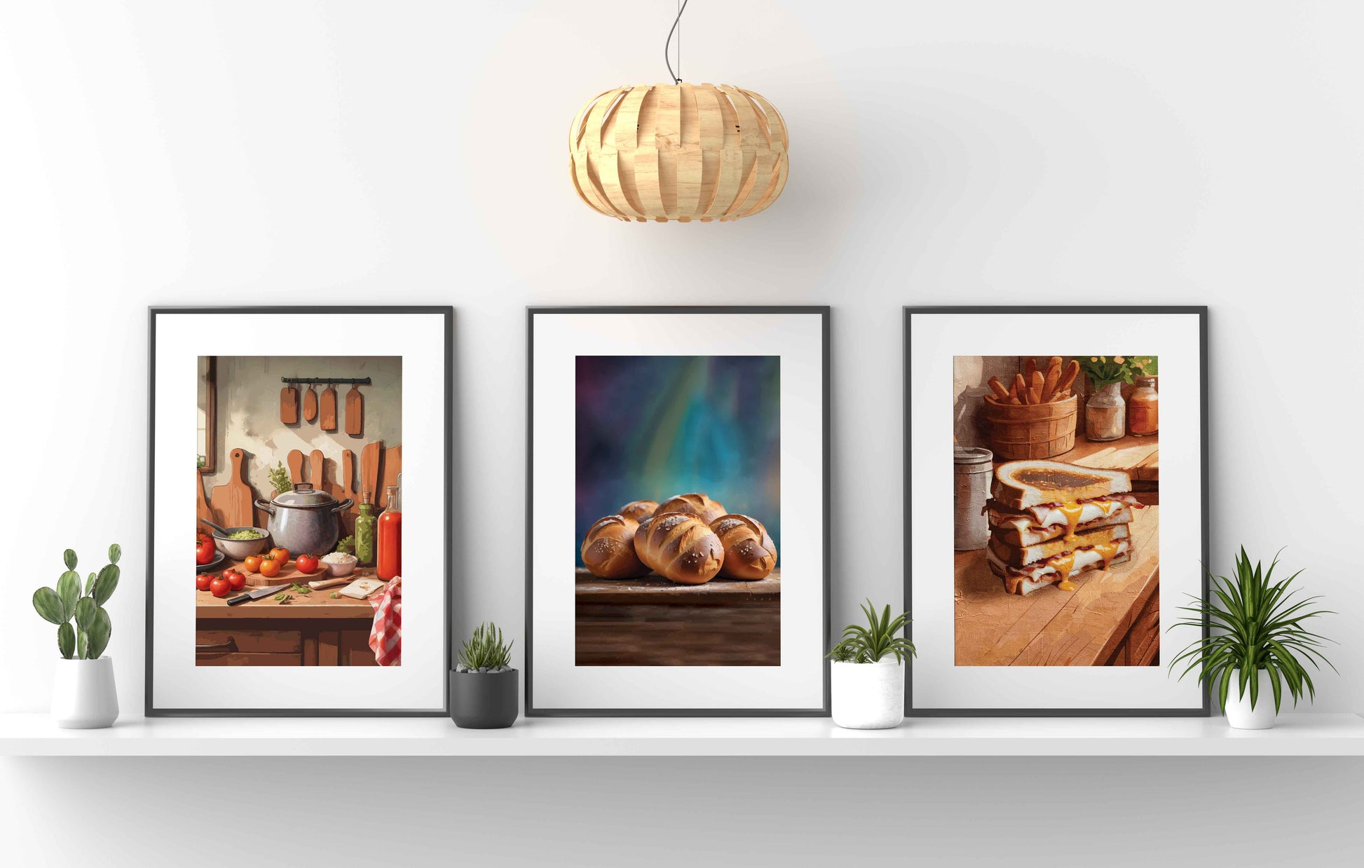 Set of 3 printable kitchen wall art prints featuring a rustic cooking scene with fresh vegetables, golden chocolate-stuffed buns on a wooden table, and a stack of gooey grilled cheese sandwiches, perfect for adding warmth and flavour to your kitchen or dining space