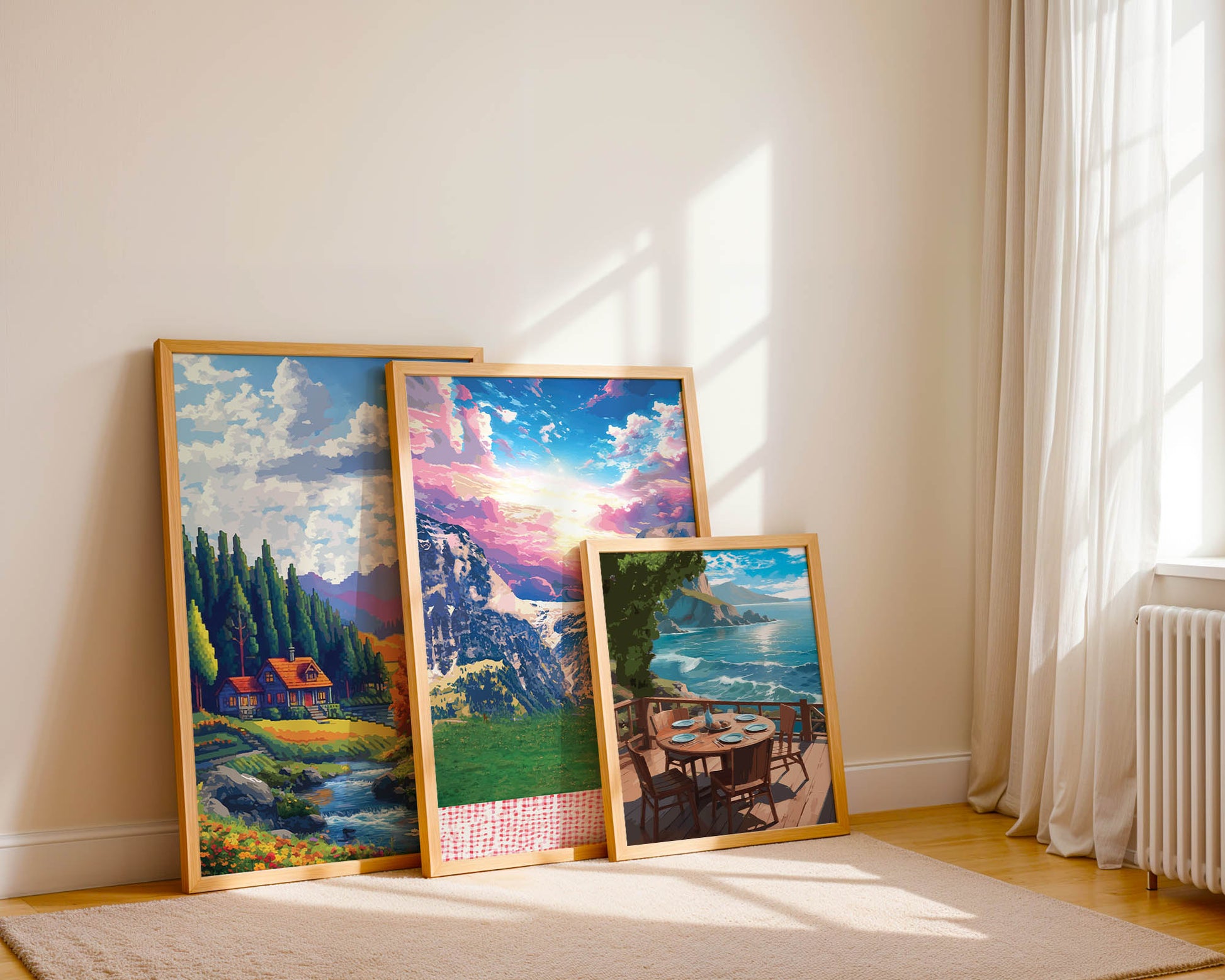 Set of 3 printable wall art pieces featuring scenic landscapes: a cosy riverside cabin surrounded by pine trees, a vibrant alpine picnic scene with dramatic mountains, and a serene coastal dining view with ocean waves, perfect for creating a calming nature-inspired gallery wall