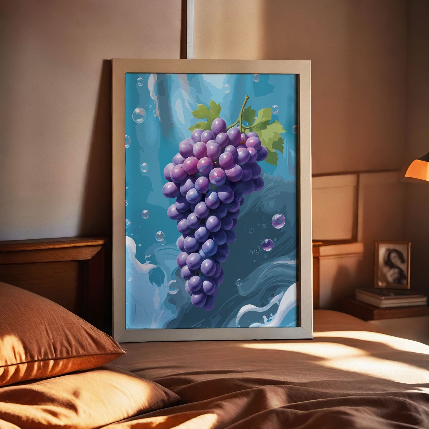 Printable wall art featuring a vibrant bunch of purple grapes with green leaves against a refreshing blue water-inspired background with bubbles, perfect for kitchen, dining room, or wine-themed decor.